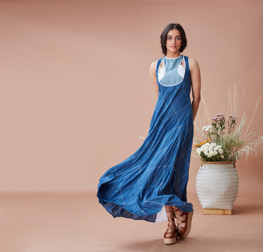 Blue Cotton Maxi Dress by Dan Ba with Blue, Cotton, July Sale, July Sale 2023, Maxi Dresses, Natural, Relaxed Fit, Resort Wear, Sleeveless Dresses, Solids, Womenswear at Kamakhyaa for sustainable fashion