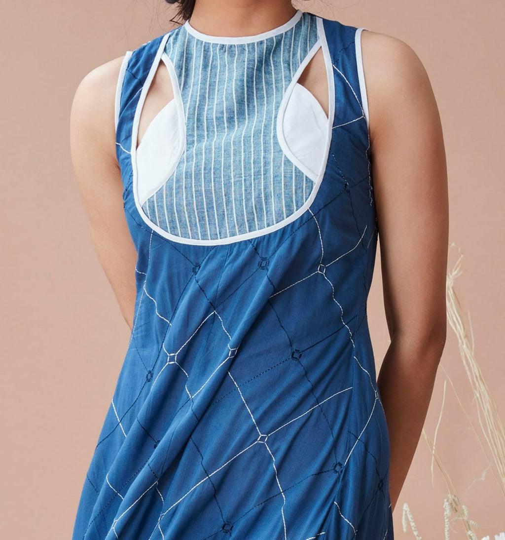 Blue Cotton Maxi Dress by Dan Ba with Blue, Cotton, July Sale, July Sale 2023, Maxi Dresses, Natural, Relaxed Fit, Resort Wear, Sleeveless Dresses, Solids, Womenswear at Kamakhyaa for sustainable fashion