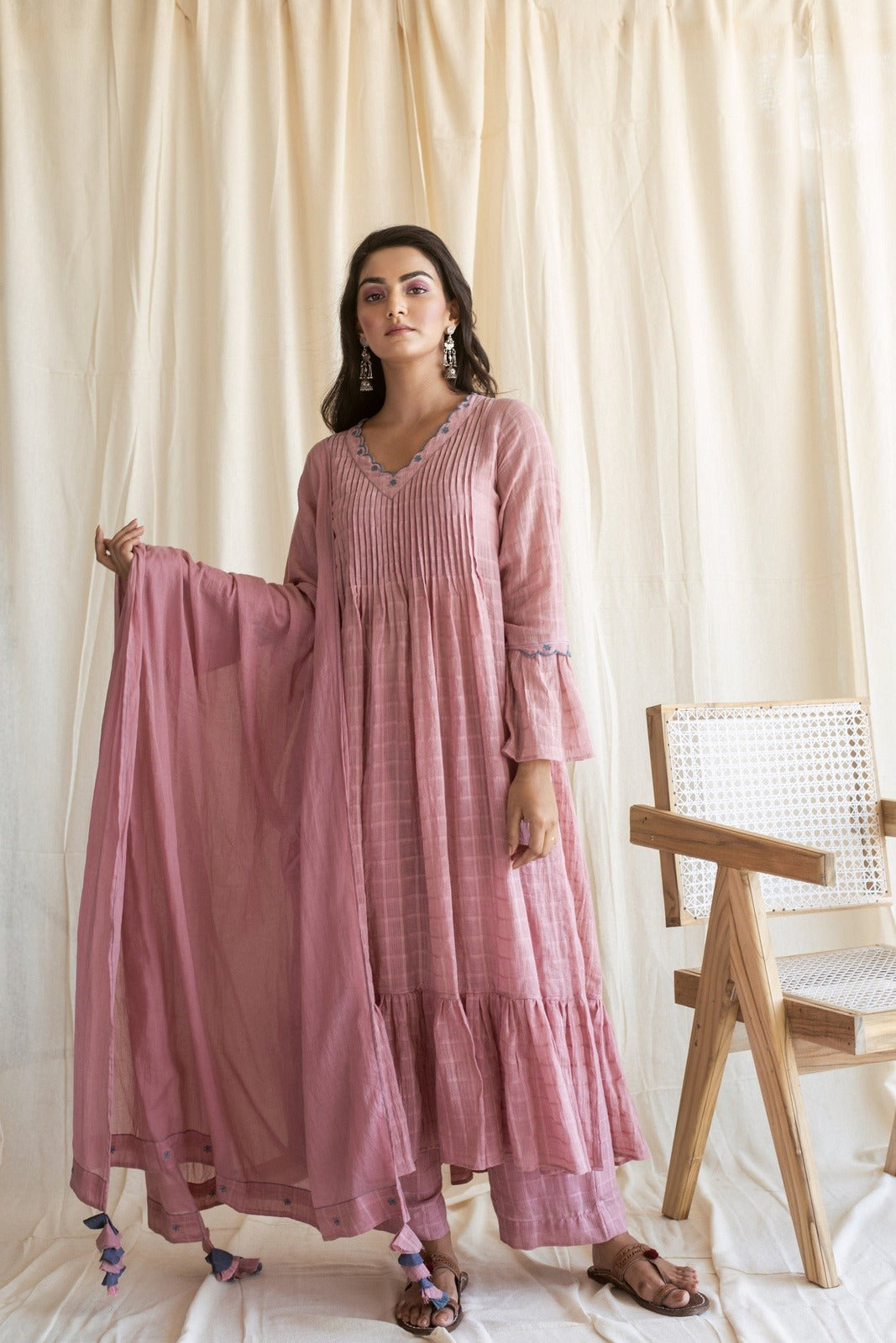 Blushed in Pink Set by Taro with Checks, Evening Wear, Handloom Cotton, Indian Wear, July Sale, July Sale 2023, Kurta Palazzo Sets, Kurta Set With Dupatta, Natural, Pink, Relaxed Fit, Rozana by Taro, Womenswear at Kamakhyaa for sustainable fashion