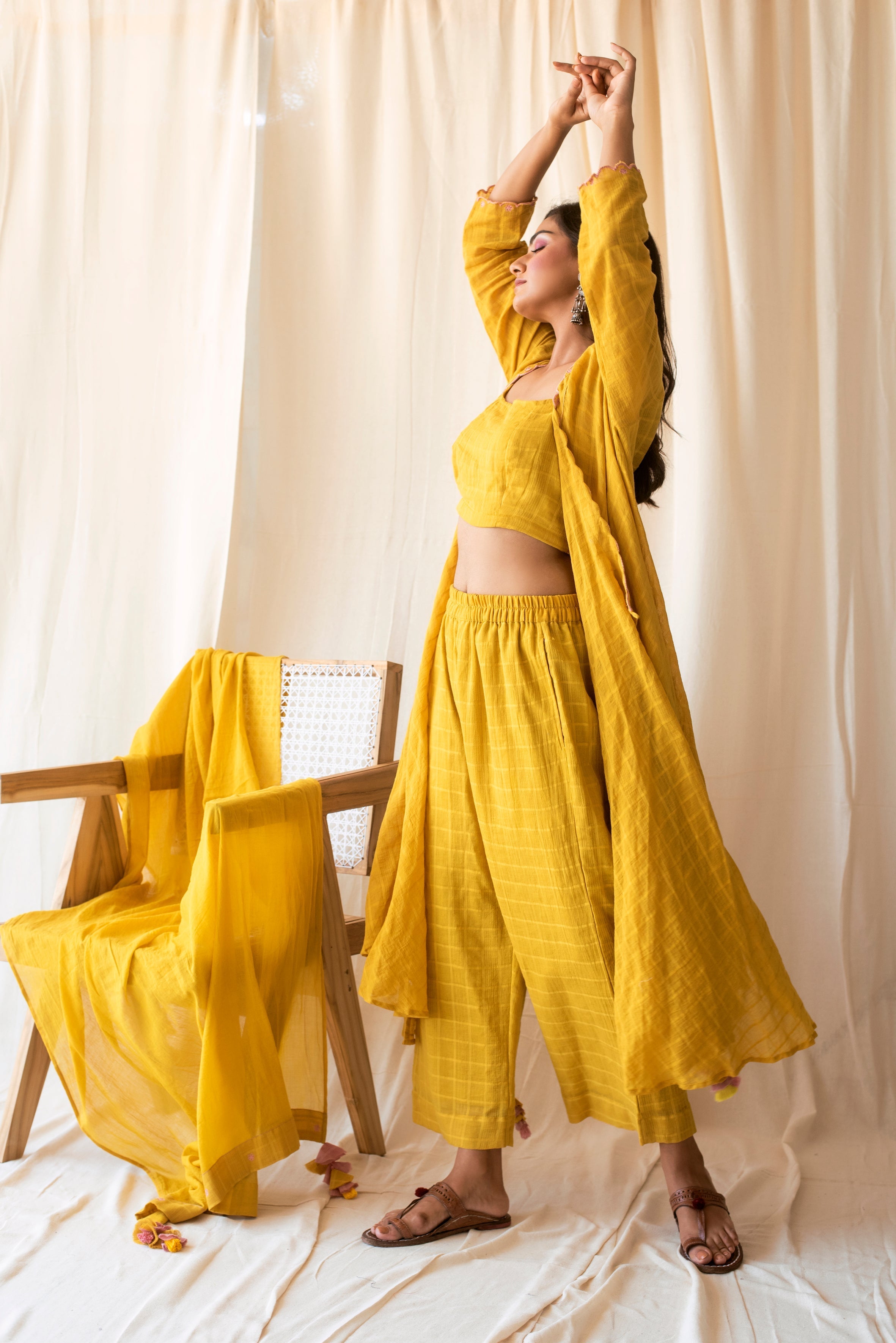 Yellow Embroidered Cotton Kurta Set WIth Dupatta by Taro with Checks, Evening Wear, Indian Wear, July Sale, July Sale 2023, Kurta Palazzo Sets, Kurta Set With Dupatta, Natural, Regular Fit, Rozana by Taro, Womenswear, Yellow at Kamakhyaa for sustainable fashion