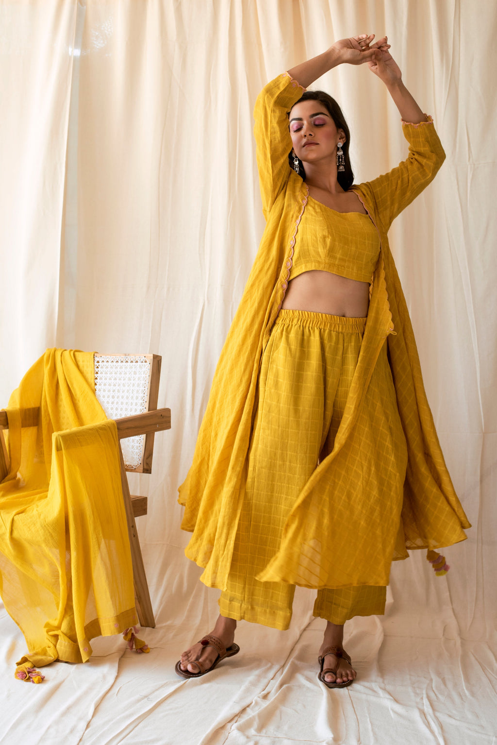 Yellow Embroidered Cotton Kurta Set WIth Dupatta by Taro with Checks, Evening Wear, Indian Wear, July Sale, July Sale 2023, Kurta Palazzo Sets, Kurta Set With Dupatta, Natural, Regular Fit, Rozana by Taro, Womenswear, Yellow at Kamakhyaa for sustainable fashion