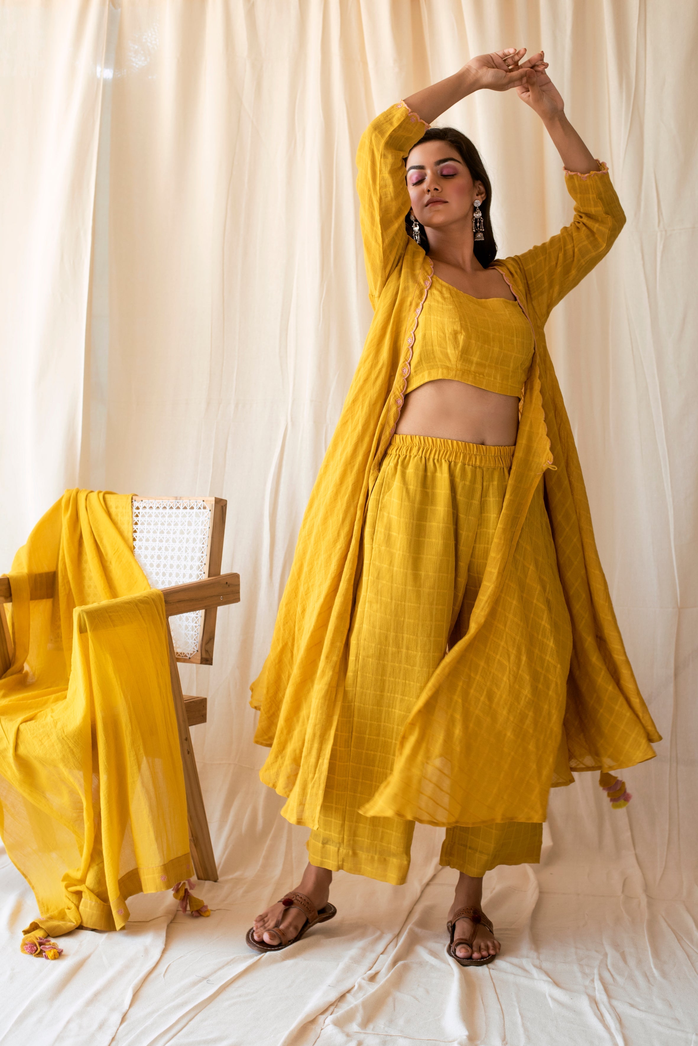 Yellow Embroidered Cotton Kurta Set WIth Dupatta by Taro with Checks, Evening Wear, Indian Wear, July Sale, July Sale 2023, Kurta Palazzo Sets, Kurta Set With Dupatta, Natural, Regular Fit, Rozana by Taro, Womenswear, Yellow at Kamakhyaa for sustainable fashion