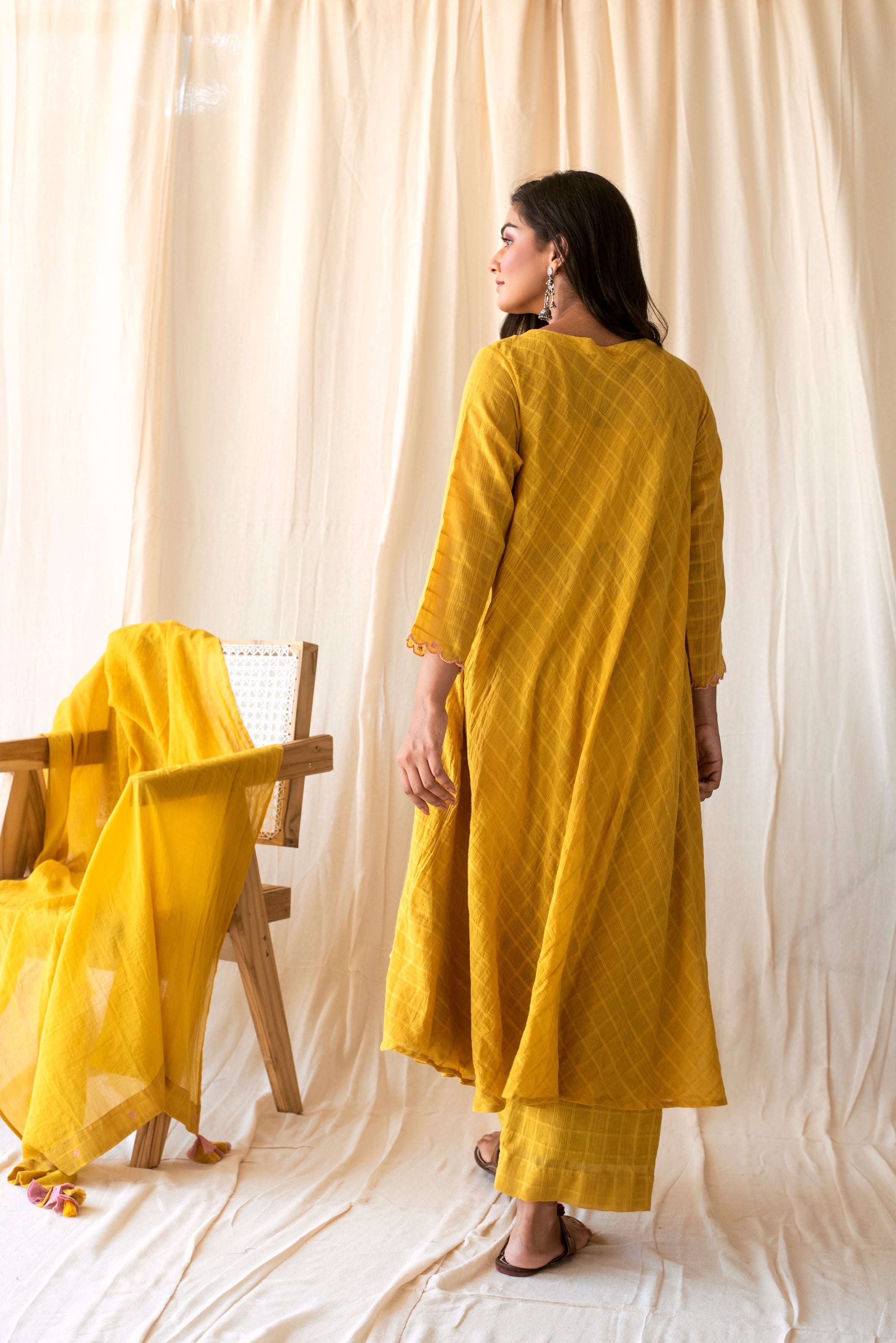 Yellow Embroidered Cotton Kurta Set WIth Dupatta by Taro with Checks, Evening Wear, Indian Wear, July Sale, July Sale 2023, Kurta Palazzo Sets, Kurta Set With Dupatta, Natural, Regular Fit, Rozana by Taro, Womenswear, Yellow at Kamakhyaa for sustainable fashion