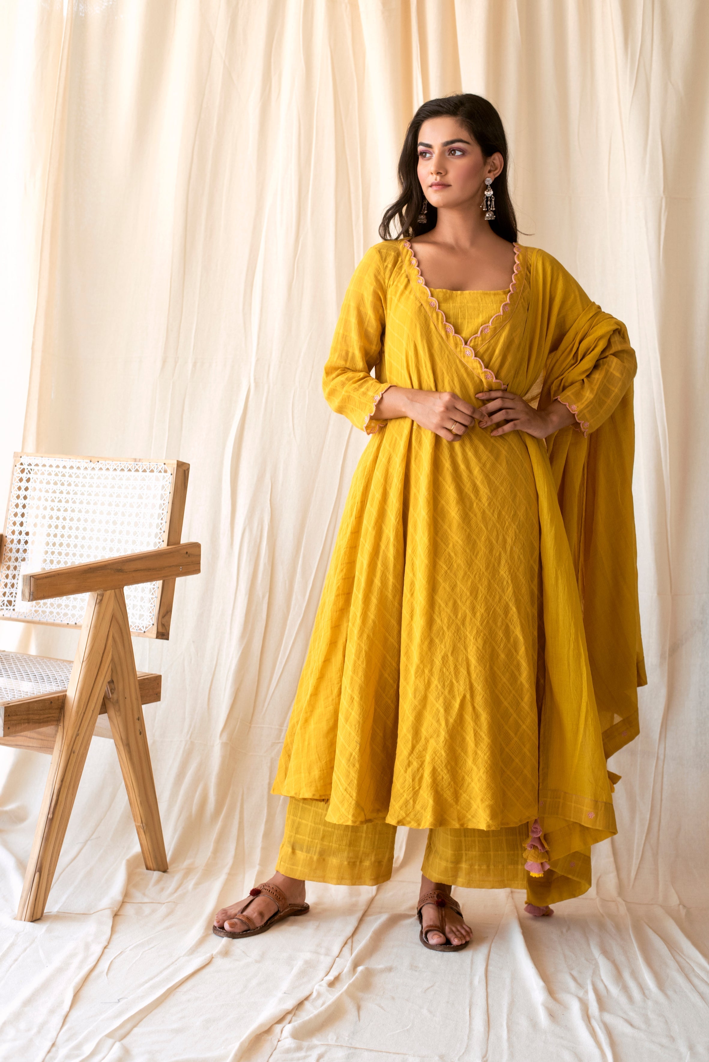 Yellow Embroidered Cotton Kurta Set WIth Dupatta by Taro with Checks, Evening Wear, Indian Wear, July Sale, July Sale 2023, Kurta Palazzo Sets, Kurta Set With Dupatta, Natural, Regular Fit, Rozana by Taro, Womenswear, Yellow at Kamakhyaa for sustainable fashion
