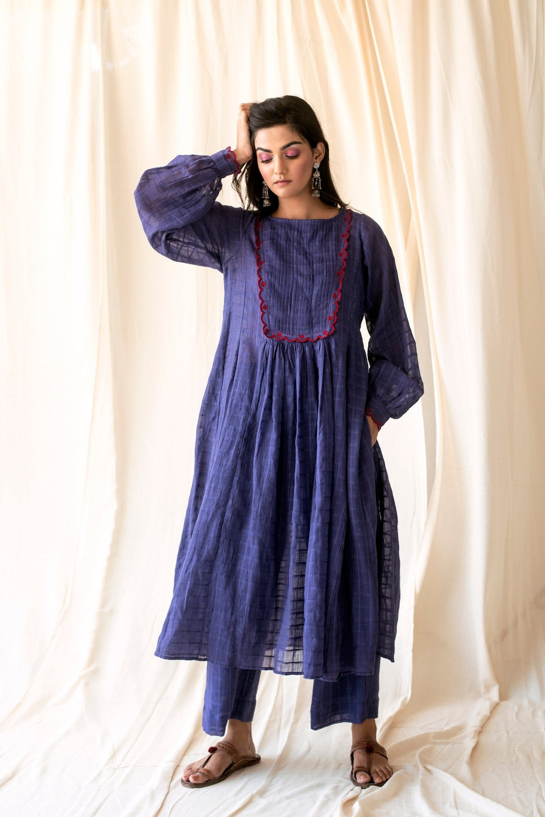 Amethyst Set by Taro with Best Selling, Blue, Checks, Cotton, Evening Wear, For Mother, Indian Wear, July Sale, July Sale 2023, Kurta Palazzo Sets, Natural, Regular Fit, Rozana by Taro, Wedding Gifts, Womenswear at Kamakhyaa for sustainable fashion