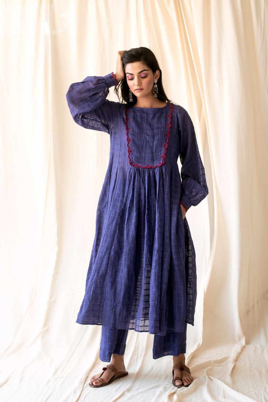 Amethyst Set by Taro with Best Selling, Blue, Checks, Cotton, Evening Wear, For Mother, Indian Wear, July Sale, July Sale 2023, Kurta Palazzo Sets, Natural, Regular Fit, Rozana by Taro, Wedding Gifts, Womenswear at Kamakhyaa for sustainable fashion