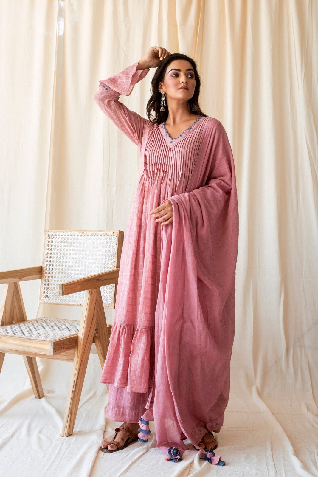 Blushed in Pink Set by Taro with Checks, Evening Wear, Handloom Cotton, Indian Wear, July Sale, July Sale 2023, Kurta Palazzo Sets, Kurta Set With Dupatta, Natural, Pink, Relaxed Fit, Rozana by Taro, Womenswear at Kamakhyaa for sustainable fashion