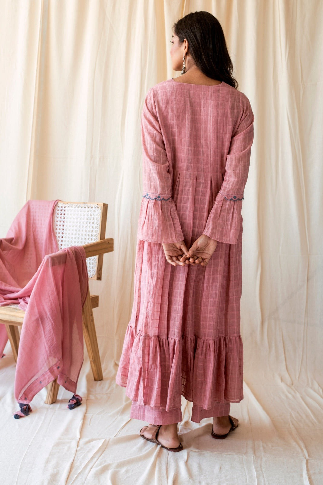 Blushed in Pink Set by Taro with Checks, Evening Wear, Handloom Cotton, Indian Wear, July Sale, July Sale 2023, Kurta Palazzo Sets, Kurta Set With Dupatta, Natural, Pink, Relaxed Fit, Rozana by Taro, Womenswear at Kamakhyaa for sustainable fashion