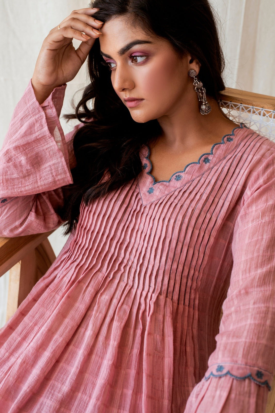 Blushed in Pink Set by Taro with Checks, Evening Wear, Handloom Cotton, Indian Wear, July Sale, July Sale 2023, Kurta Palazzo Sets, Kurta Set With Dupatta, Natural, Pink, Relaxed Fit, Rozana by Taro, Womenswear at Kamakhyaa for sustainable fashion