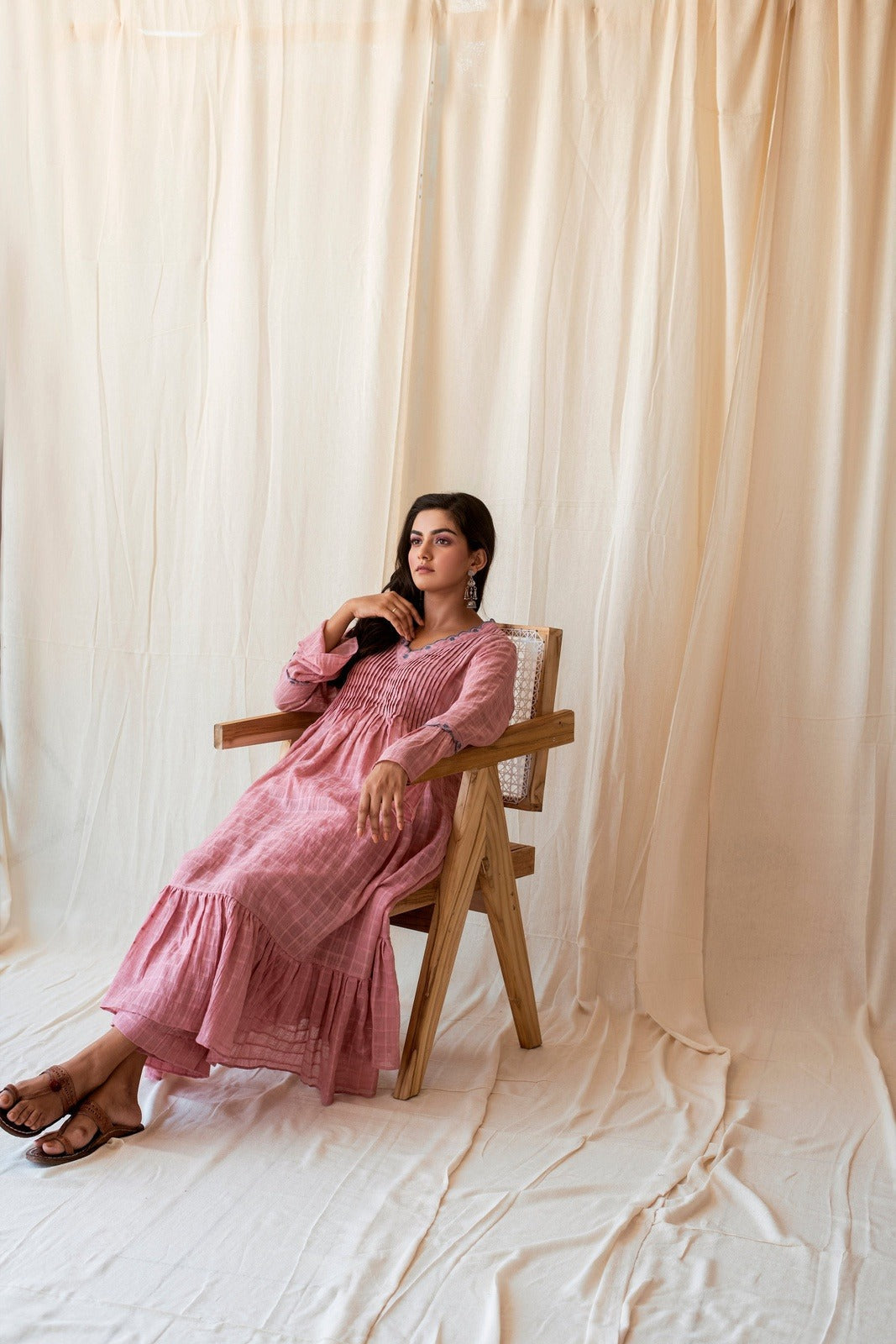 Blushed in Pink Set by Taro with Checks, Evening Wear, Handloom Cotton, Indian Wear, July Sale, July Sale 2023, Kurta Palazzo Sets, Kurta Set With Dupatta, Natural, Pink, Relaxed Fit, Rozana by Taro, Womenswear at Kamakhyaa for sustainable fashion