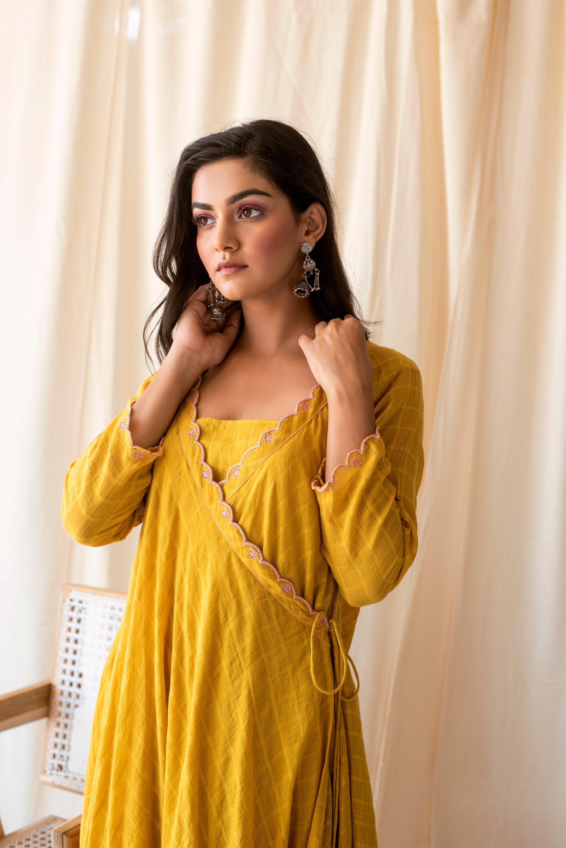 Yellow Embroidered Cotton Kurta Set WIth Dupatta by Taro with Checks, Evening Wear, Indian Wear, July Sale, July Sale 2023, Kurta Palazzo Sets, Kurta Set With Dupatta, Natural, Regular Fit, Rozana by Taro, Womenswear, Yellow at Kamakhyaa for sustainable fashion
