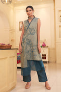 Blue Silk Organza Asymetrical Kurta Pant Set by Chambray & Co. with Blue, Chambray & Co, Embroidered, Indian Wear, Kurta Pant Sets, Natural, Organza, Party Wear, Regular Fit, Taabir, Womenswear at Kamakhyaa for sustainable fashion