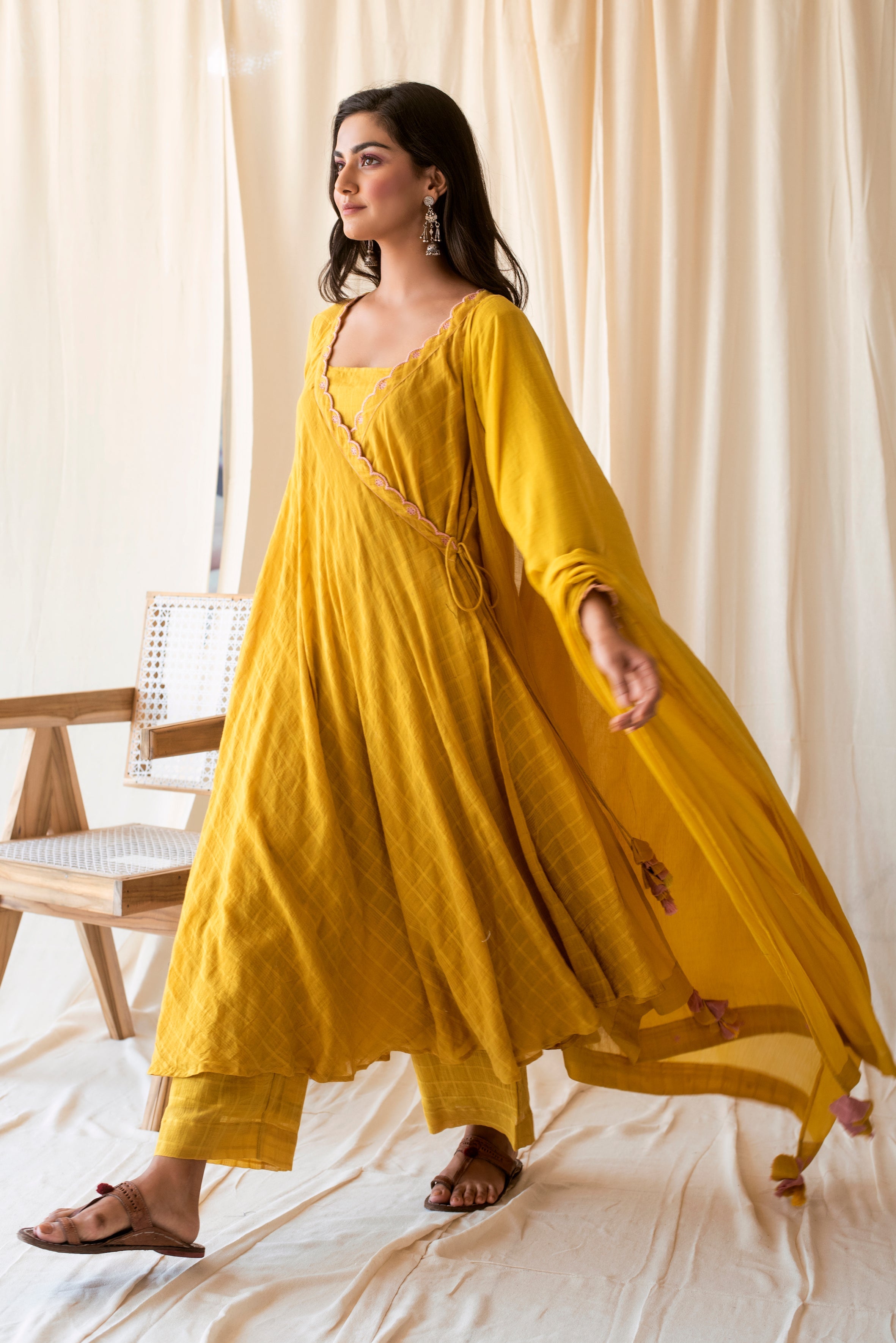 Yellow Embroidered Cotton Kurta Set WIth Dupatta by Taro with Checks, Evening Wear, Indian Wear, July Sale, July Sale 2023, Kurta Palazzo Sets, Kurta Set With Dupatta, Natural, Regular Fit, Rozana by Taro, Womenswear, Yellow at Kamakhyaa for sustainable fashion