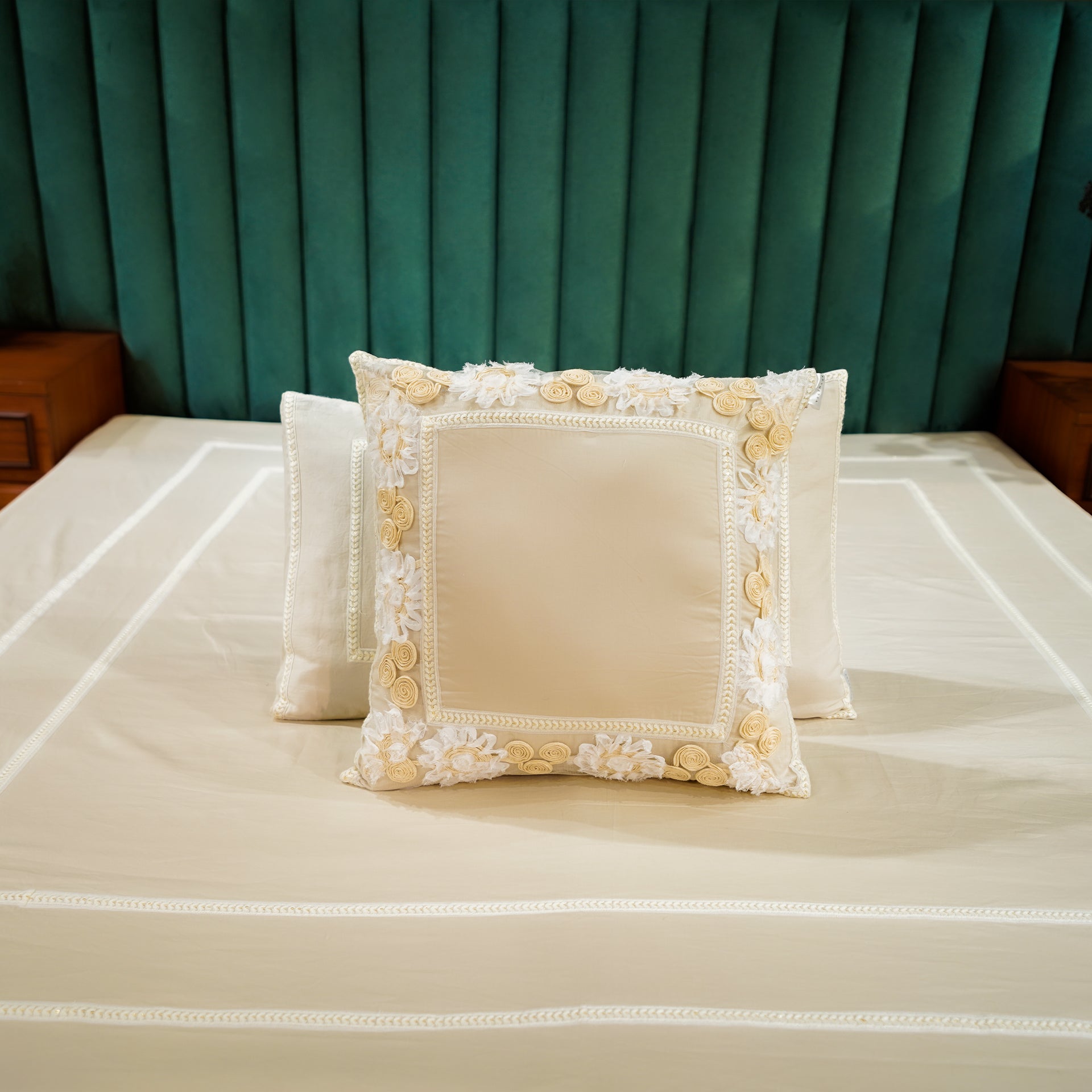 Champagne Charm Trimmed Bliss Cushion Cover by Aetherea with 100% Cotton, 300 TC, 500 TC, Coffee, Cushion covers, Plain, Solid, White at Kamakhyaa for sustainable fashion