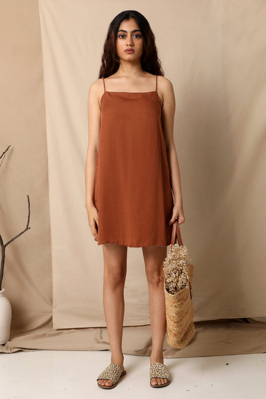 Brown Reversible Mini Dress by The Terra Tribe with Brown, Casual Wear, fall, Hayley earth by The Terra Tribe, Mini Dresses, Natural, Regular Fit, Reversible, Sleeveless Dresses, Solids, Tencel Satin, Womenswear at Kamakhyaa for sustainable fashion