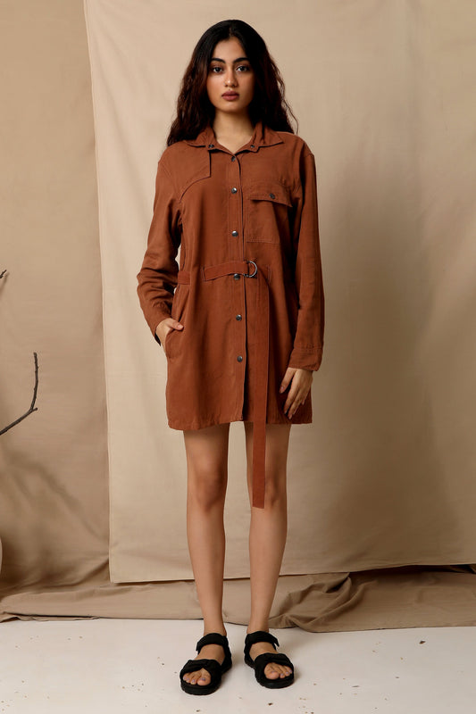 Brown Shirt Dress by The Terra Tribe with Brown, Casual Wear, fall, Hayley earth by The Terra Tribe, Natural, Regular Fit, Shirt Dresses, Shirts, Solids, Tencel Twill, Womenswear at Kamakhyaa for sustainable fashion