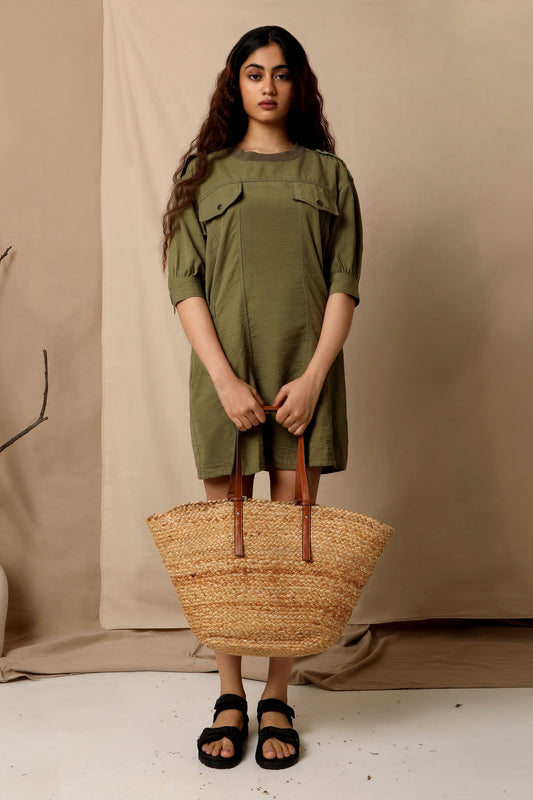 Green Shirt Dress by The Terra Tribe with Casual Wear, Green, Hayley earth by The Terra Tribe, Mini Dresses, Natural, Regular Fit, Shirt Dresses, Solids, Tencel Twill, Womenswear at Kamakhyaa for sustainable fashion