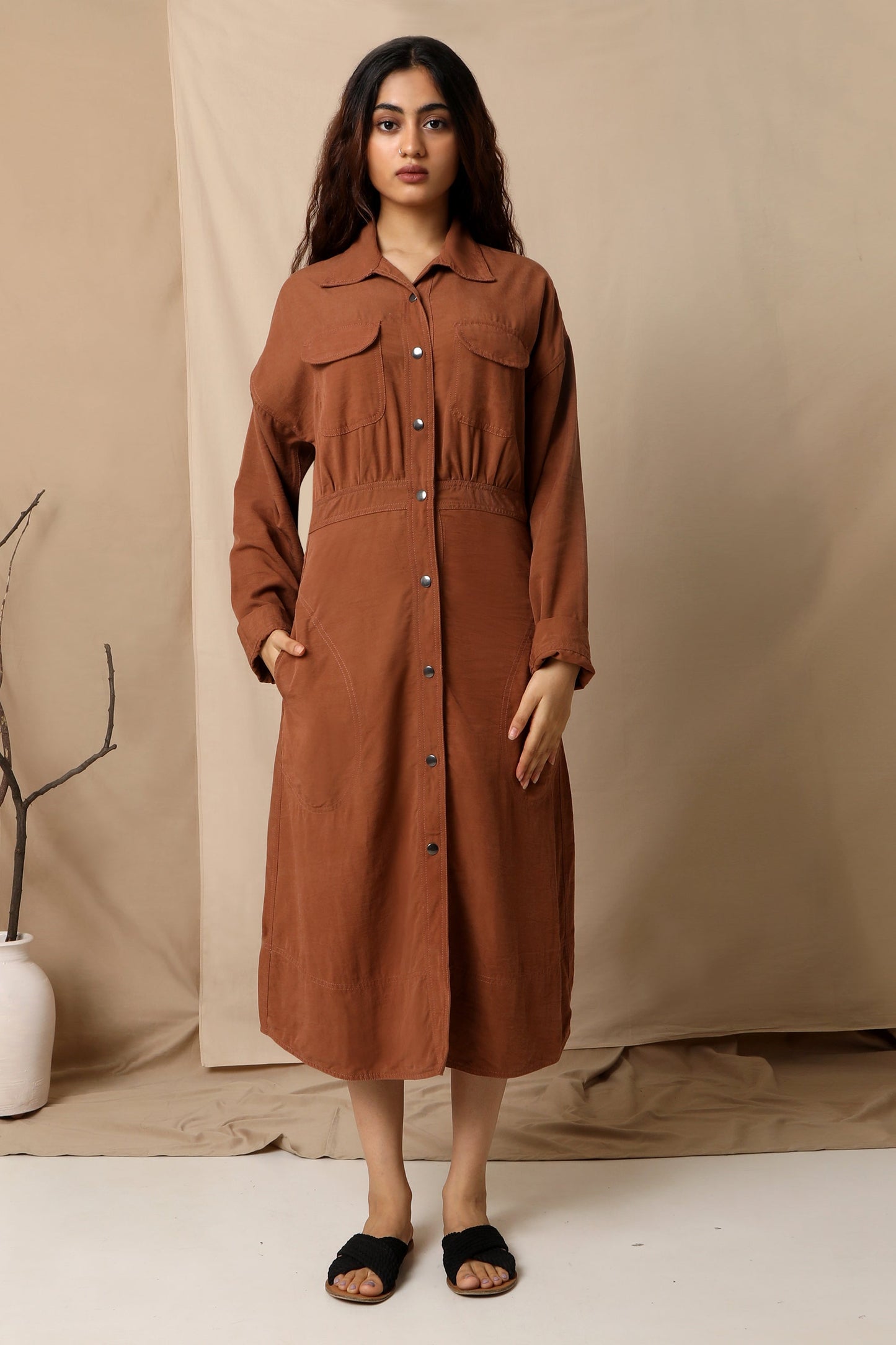 Copper Brown Midi Dress Natural, Regular Fit, Shirt Dresses, Solids, Tencel Twill Kamakhyaa