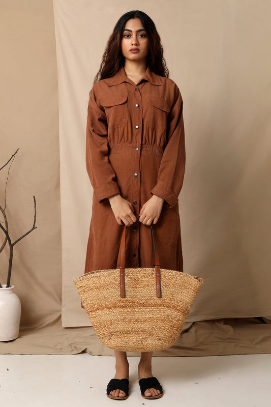 Copper Brown Midi Dress by The Terra Tribe with Casual Wear, Hayley earth by The Terra Tribe, Midi Dresses, Natural, Regular Fit, Shirt Dresses, Shirts, Solids, Tencel Twill, Womenswear at Kamakhyaa for sustainable fashion