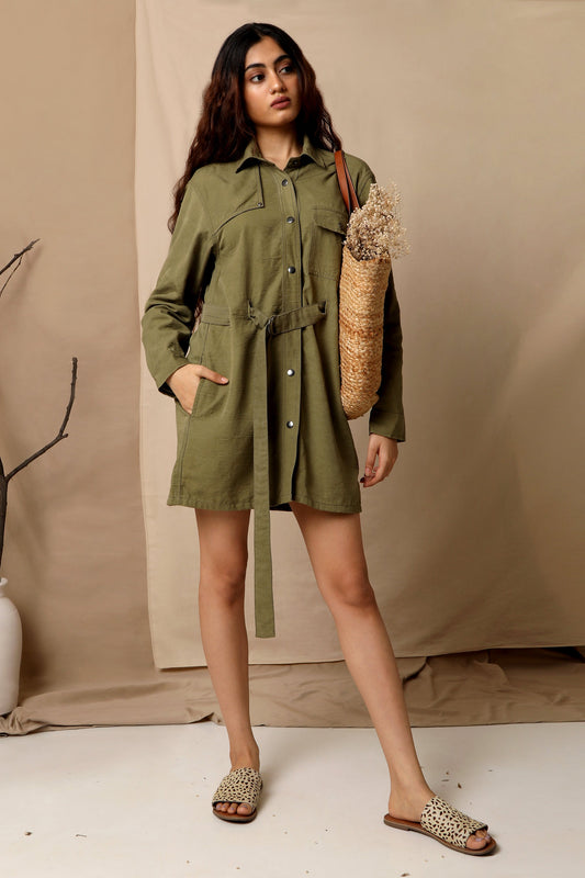 Green Shirt Dress by The Terra Tribe with Casual Wear, Green, Hayley earth by The Terra Tribe, Natural, Regular Fit, Shirt Dresses, Shirts, Solids, Tencel Twill, Womenswear at Kamakhyaa for sustainable fashion