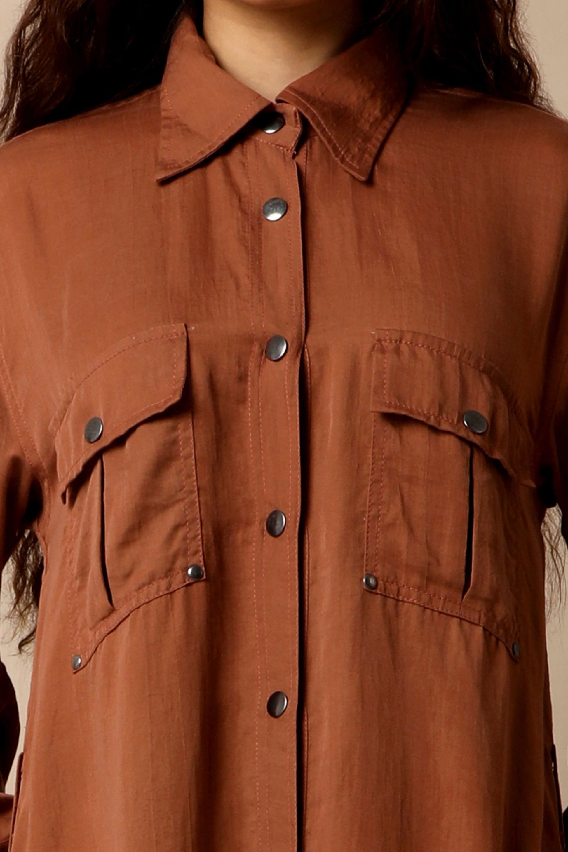 Brown Shirt Dress Brown, Natural, Short Dresses, Solids, Tencel Satin Kamakhyaa