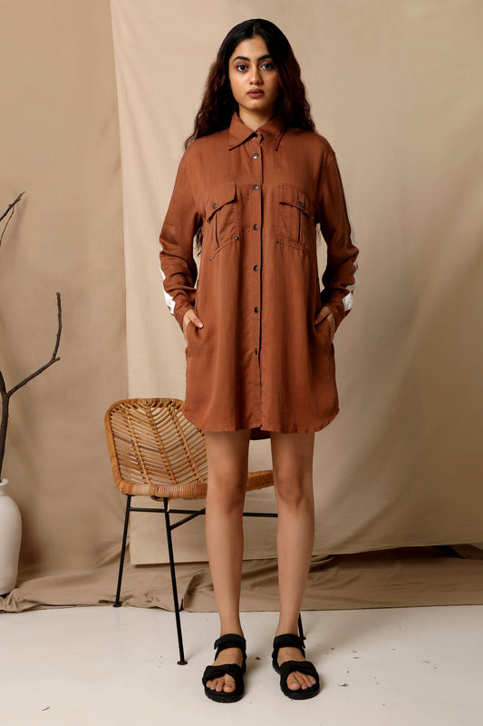 Brown Shirt Dress by The Terra Tribe with Brown, Casual Wear, fall, Hayley earth by The Terra Tribe, Natural, Regular Fit, Shirt Dresses, Shirts, Solid Selfmade, Solids, Tencel Satin, Womenswear at Kamakhyaa for sustainable fashion