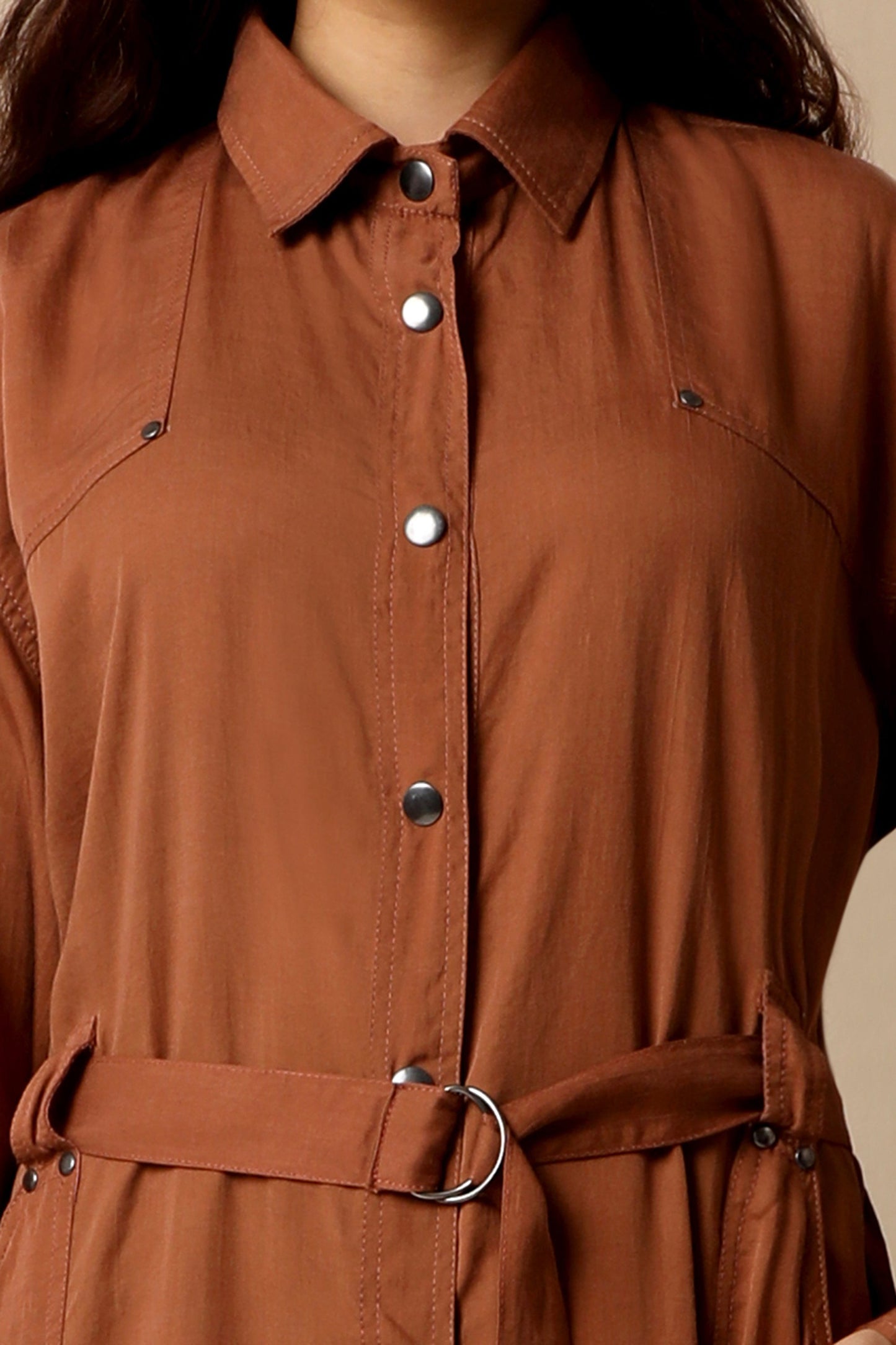 Brown Shirt Dress Brown, Midi Natural, Regular Fit, Dresses, Solids, Tencel Satin Kamakhyaa