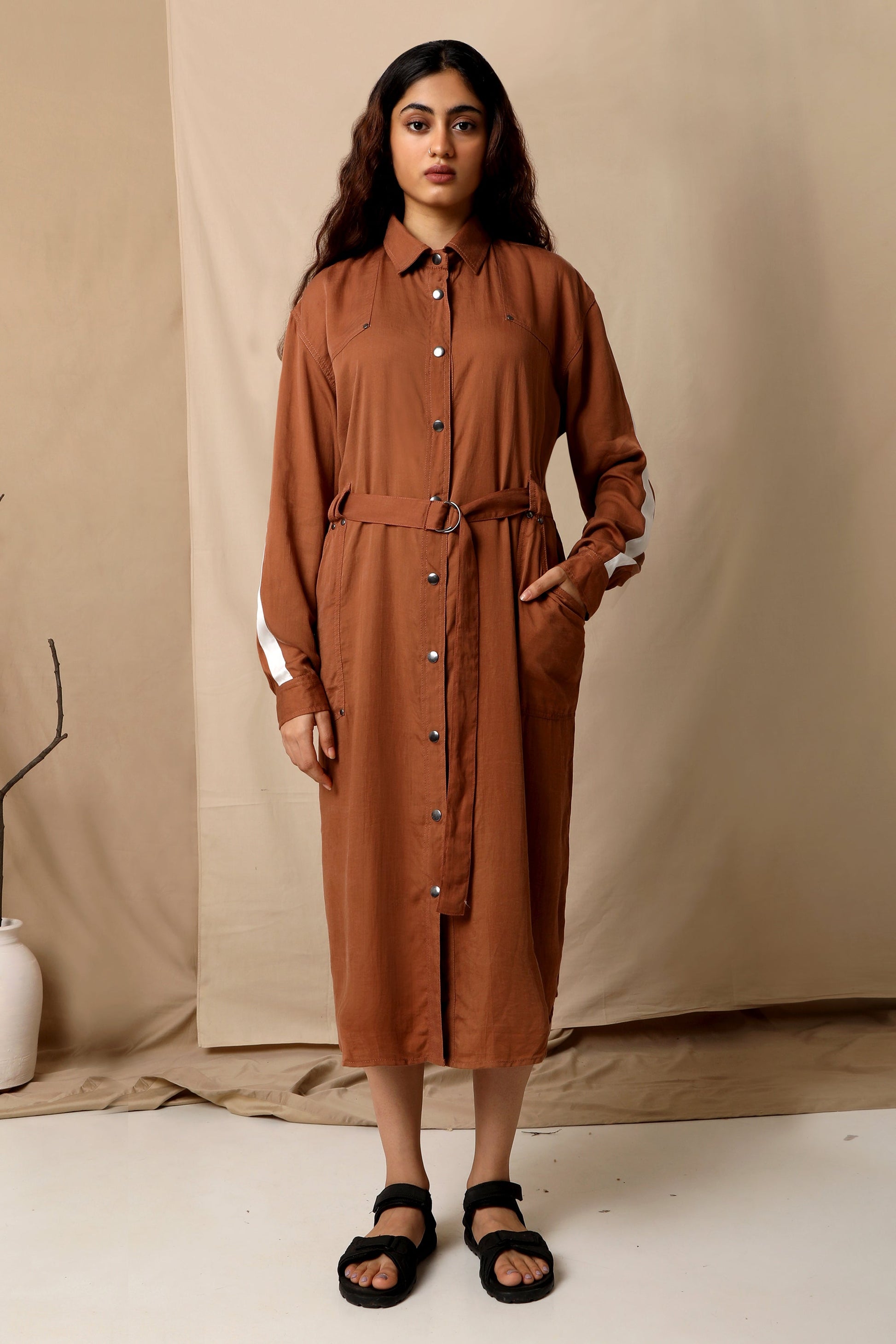Brown Shirt Dress Brown, Midi Natural, Regular Fit, Dresses, Solids, Tencel Satin Kamakhyaa