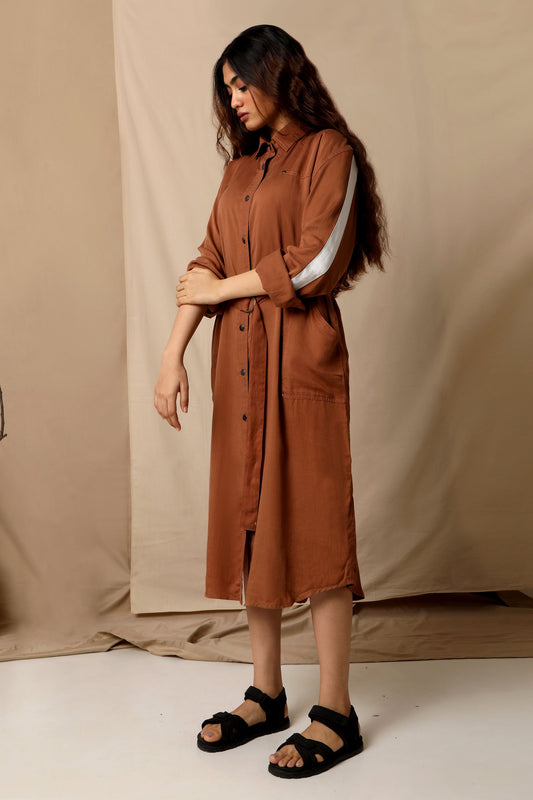 Brown Shirt Dress by The Terra Tribe with Brown, Casual Wear, fall, Hayley earth by The Terra Tribe, Midi Dresses, Natural, Regular Fit, Shirt Dresses, Shirts, Solids, Tencel Satin, Womenswear at Kamakhyaa for sustainable fashion