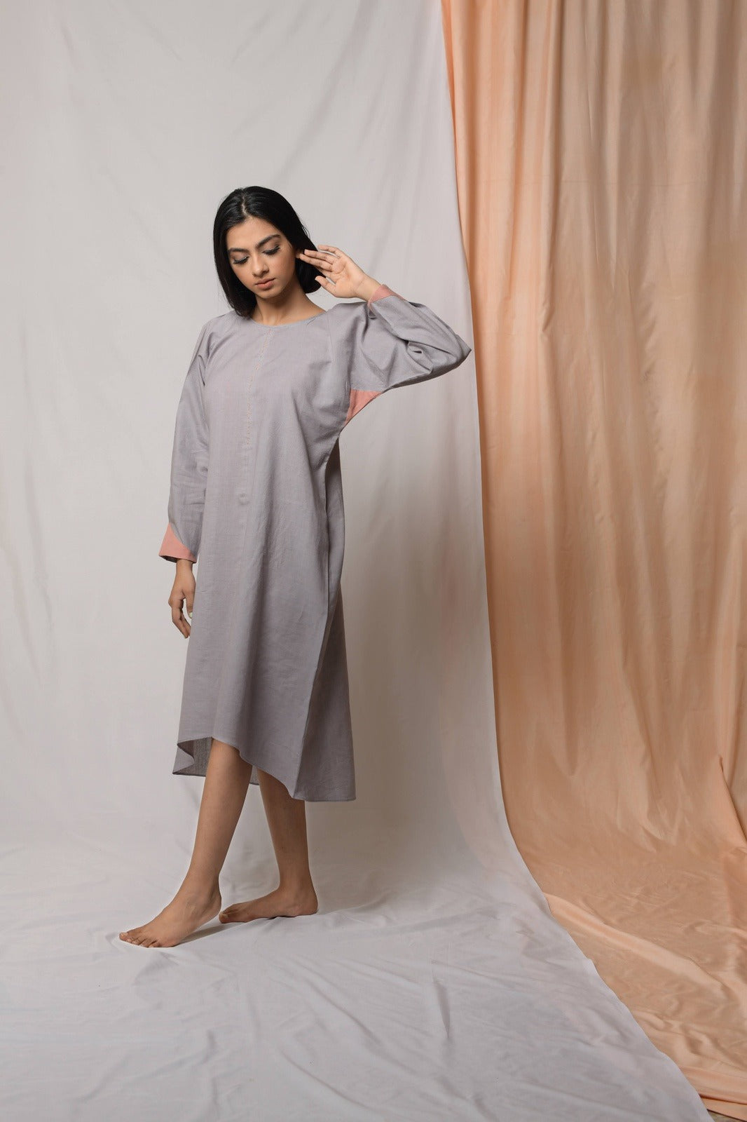 Anchor Grey Midi Dress by Niraa with Casual Wear, Cotton khadi, Fitted At Bust, Grey, Midi Dresses, Natural with azo dyes, Solids, Tales of rippling brooks, Womenswear at Kamakhyaa for sustainable fashion