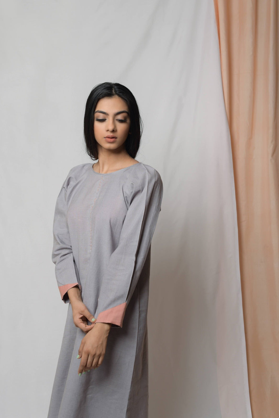 Anchor Grey Midi Dress by Niraa with Casual Wear, Cotton khadi, Fitted At Bust, Grey, Midi Dresses, Natural with azo dyes, Solids, Tales of rippling brooks, Womenswear at Kamakhyaa for sustainable fashion