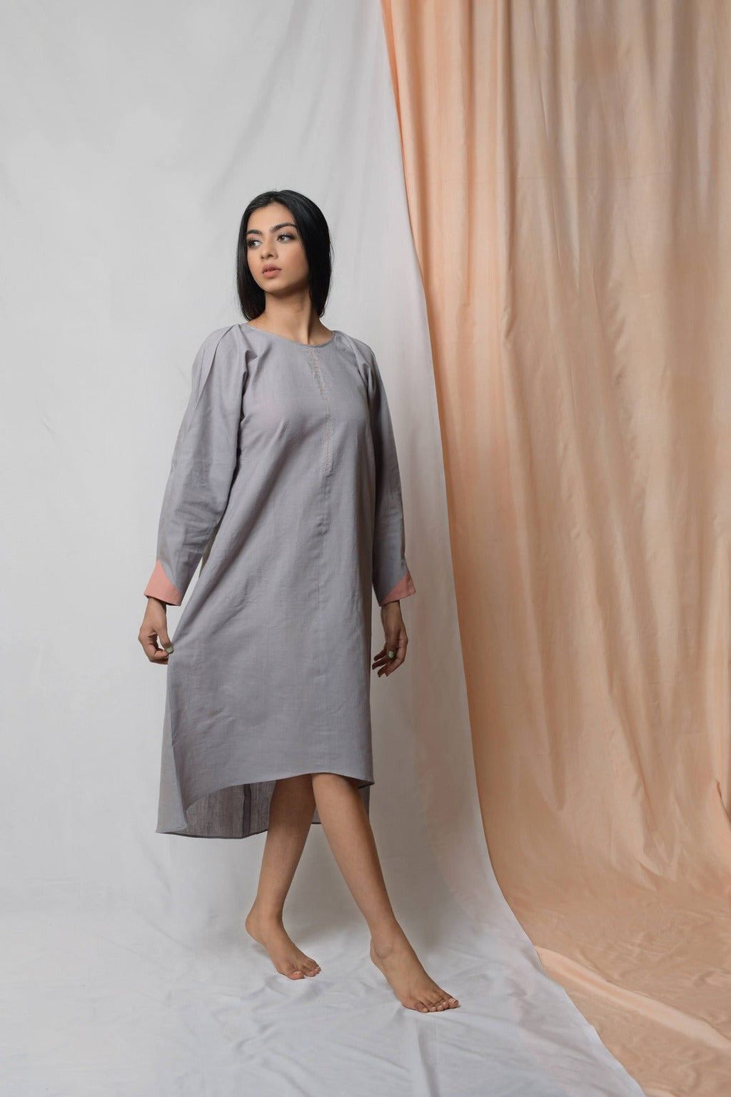 Anchor Grey Midi Dress by Niraa with Casual Wear, Cotton khadi, Fitted At Bust, Grey, Midi Dresses, Natural with azo dyes, Solids, Tales of rippling brooks, Womenswear at Kamakhyaa for sustainable fashion