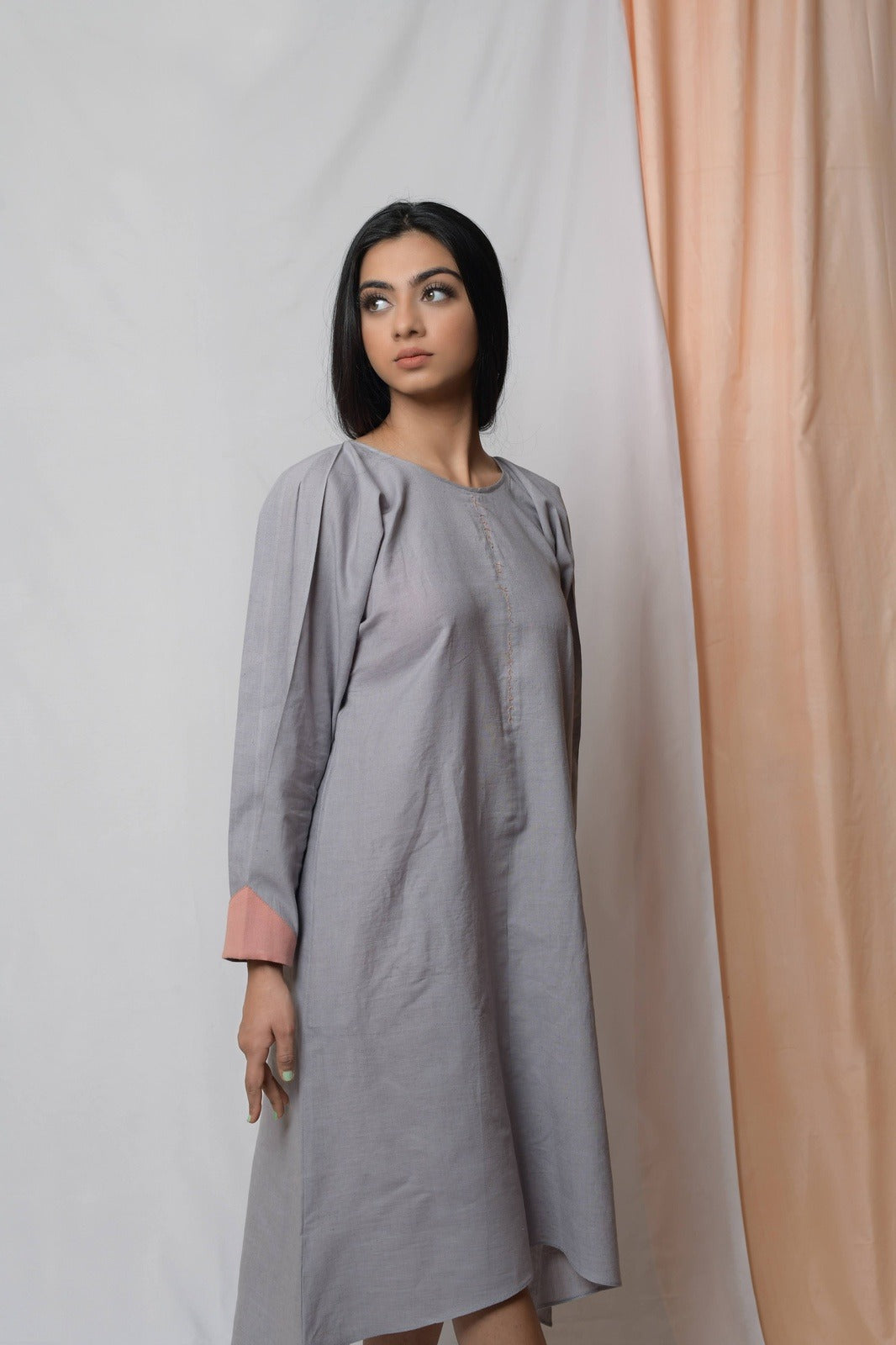 Anchor Grey Midi Dress by Niraa with Casual Wear, Cotton khadi, Fitted At Bust, Grey, Midi Dresses, Natural with azo dyes, Solids, Tales of rippling brooks, Womenswear at Kamakhyaa for sustainable fashion