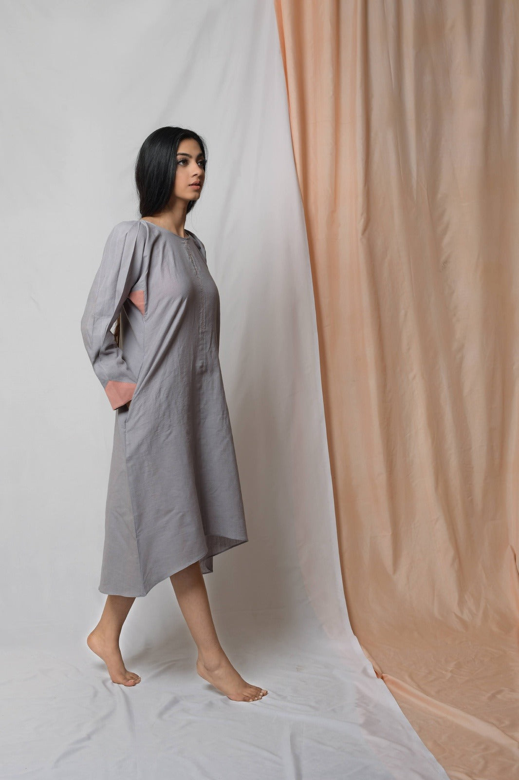 Anchor Grey Midi Dress by Niraa with Casual Wear, Cotton khadi, Fitted At Bust, Grey, Midi Dresses, Natural with azo dyes, Solids, Tales of rippling brooks, Womenswear at Kamakhyaa for sustainable fashion