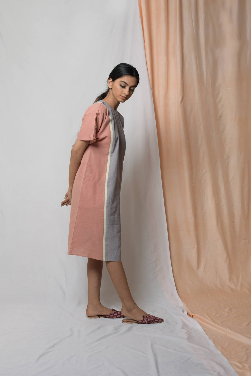 Grey Perseverance To The End Sheath Dress by Niraa with Casual Wear, Cotton khadi, Grey, Midi Dresses, Natural with azo dyes, Relaxed Fit, Solids, Tales of rippling brooks, Womenswear at Kamakhyaa for sustainable fashion