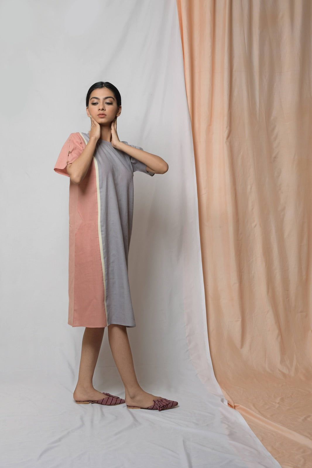 Grey Perseverance To The End Sheath Dress by Niraa with Casual Wear, Cotton khadi, Grey, Midi Dresses, Natural with azo dyes, Relaxed Fit, Solids, Tales of rippling brooks, Womenswear at Kamakhyaa for sustainable fashion