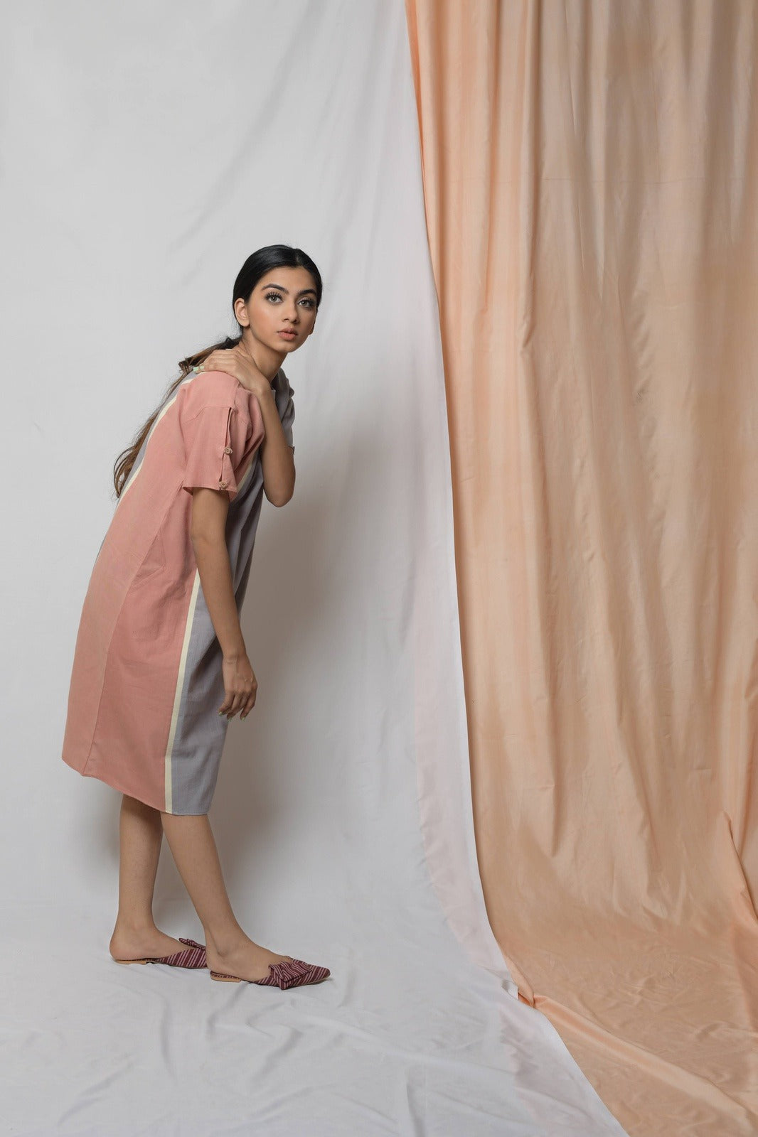 Grey Perseverance To The End Sheath Dress by Niraa with Casual Wear, Cotton khadi, Grey, Midi Dresses, Natural with azo dyes, Relaxed Fit, Solids, Tales of rippling brooks, Womenswear at Kamakhyaa for sustainable fashion
