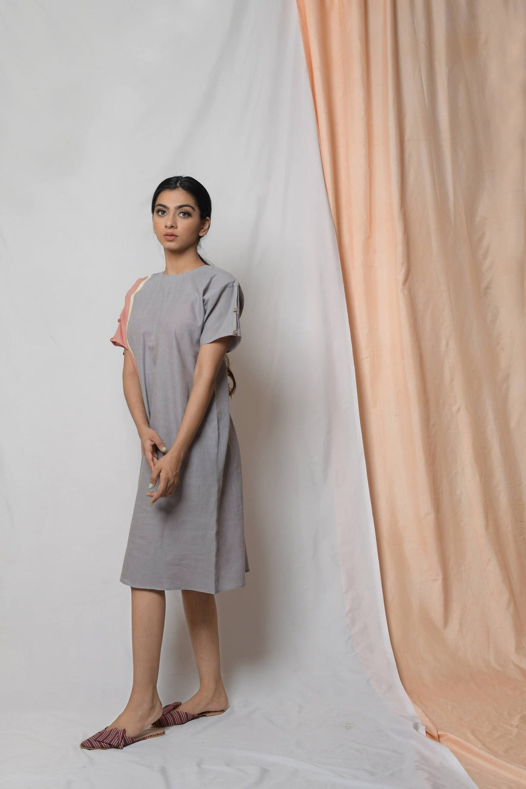 Grey Perseverance To The End Sheath Dress by Niraa with Casual Wear, Cotton khadi, Grey, Midi Dresses, Natural with azo dyes, Relaxed Fit, Solids, Tales of rippling brooks, Womenswear at Kamakhyaa for sustainable fashion