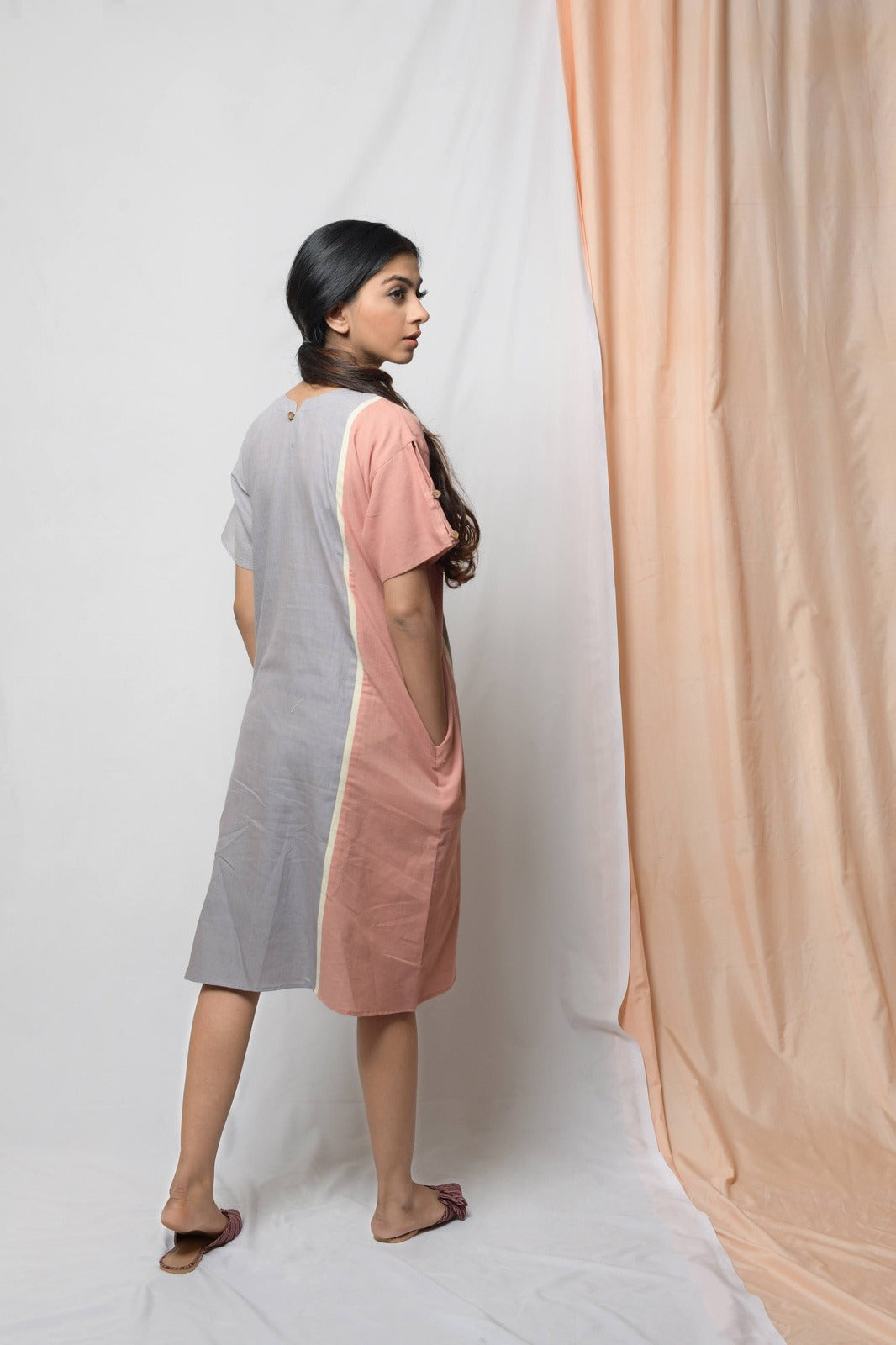 Grey Perseverance To The End Sheath Dress by Niraa with Casual Wear, Cotton khadi, Grey, Midi Dresses, Natural with azo dyes, Relaxed Fit, Solids, Tales of rippling brooks, Womenswear at Kamakhyaa for sustainable fashion