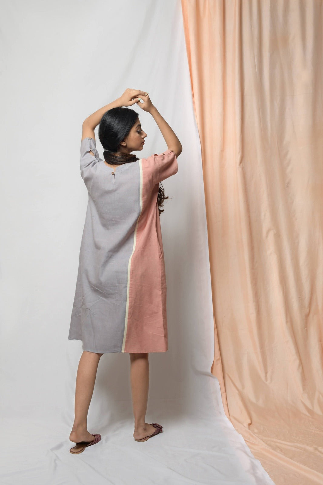 Grey Perseverance To The End Sheath Dress by Niraa with Casual Wear, Cotton khadi, Grey, Midi Dresses, Natural with azo dyes, Relaxed Fit, Solids, Tales of rippling brooks, Womenswear at Kamakhyaa for sustainable fashion