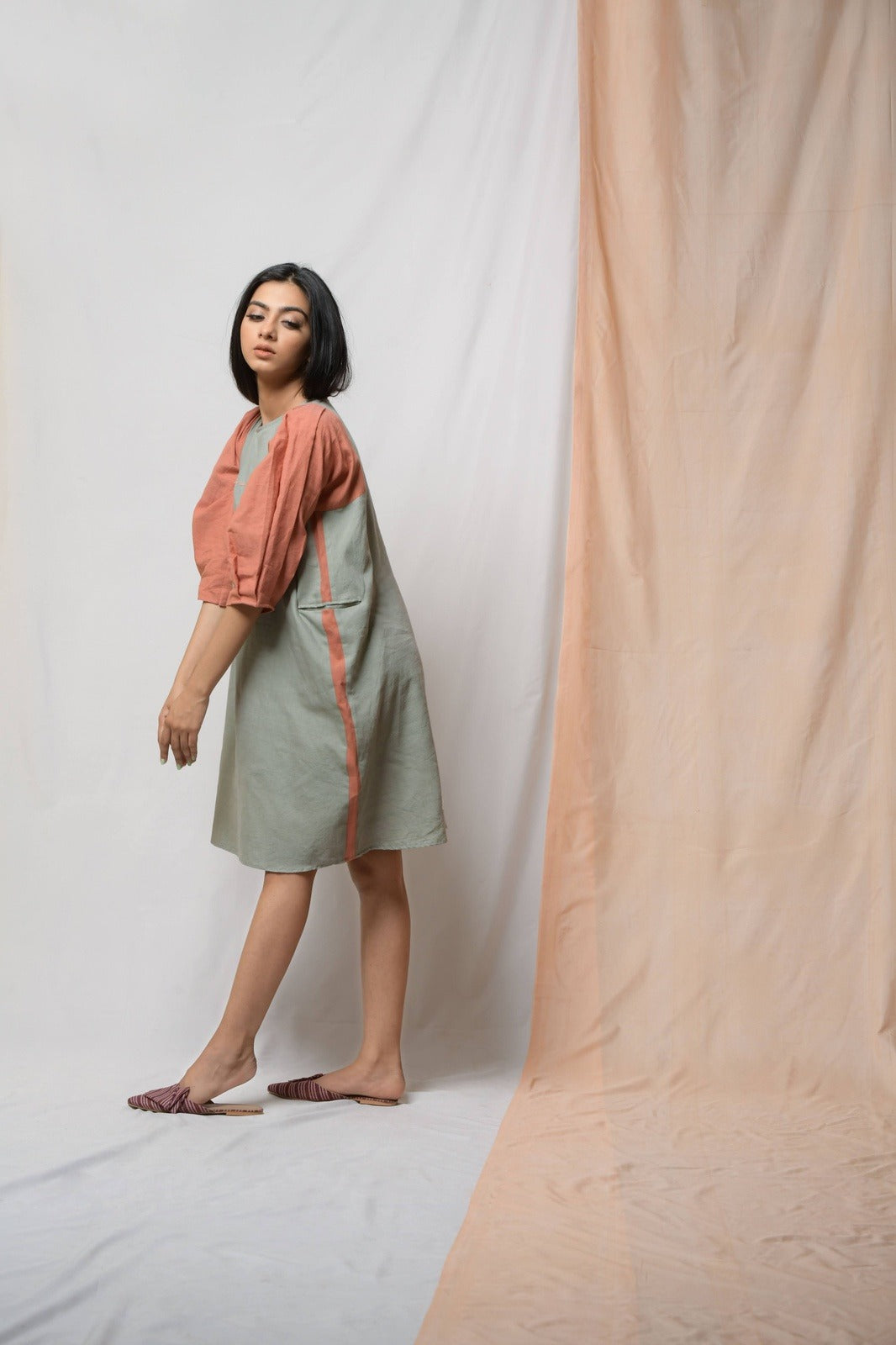 Grey Grace In Dignity Midi Dress by Niraa with Casual Wear, Cotton khadi, Grey, Midi Dresses, Natural with azo dyes, Relaxed Fit, Solids, Tales of rippling brooks, Womenswear at Kamakhyaa for sustainable fashion