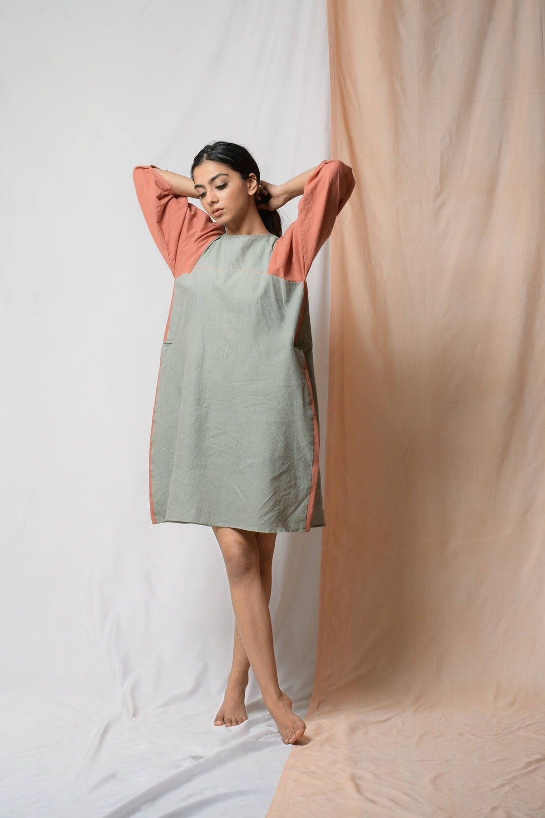 Grey Grace In Dignity Midi Dress by Niraa with Casual Wear, Cotton khadi, Grey, Midi Dresses, Natural with azo dyes, Relaxed Fit, Solids, Tales of rippling brooks, Womenswear at Kamakhyaa for sustainable fashion