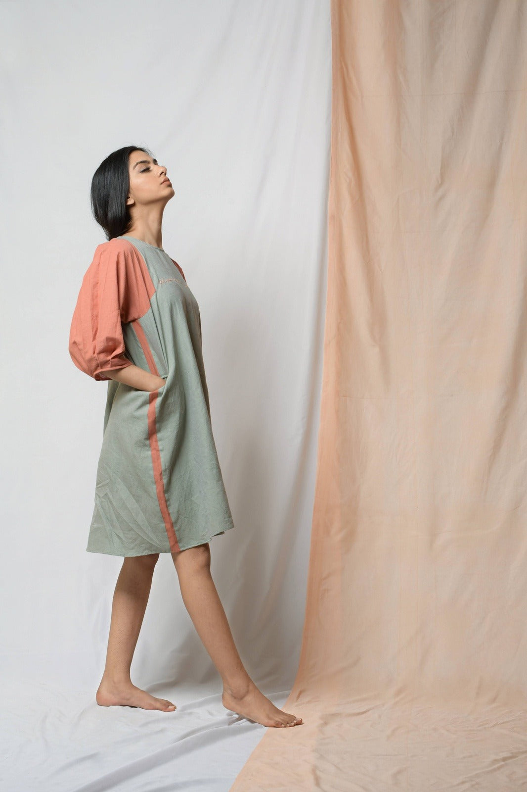 Grey Grace In Dignity Midi Dress by Niraa with Casual Wear, Cotton khadi, Grey, Midi Dresses, Natural with azo dyes, Relaxed Fit, Solids, Tales of rippling brooks, Womenswear at Kamakhyaa for sustainable fashion