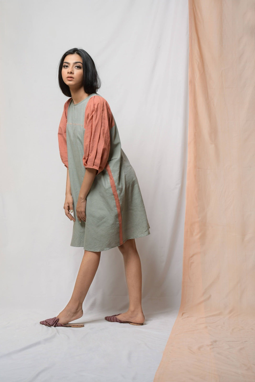 Grey Grace In Dignity Midi Dress by Niraa with Casual Wear, Cotton khadi, Grey, Midi Dresses, Natural with azo dyes, Relaxed Fit, Solids, Tales of rippling brooks, Womenswear at Kamakhyaa for sustainable fashion