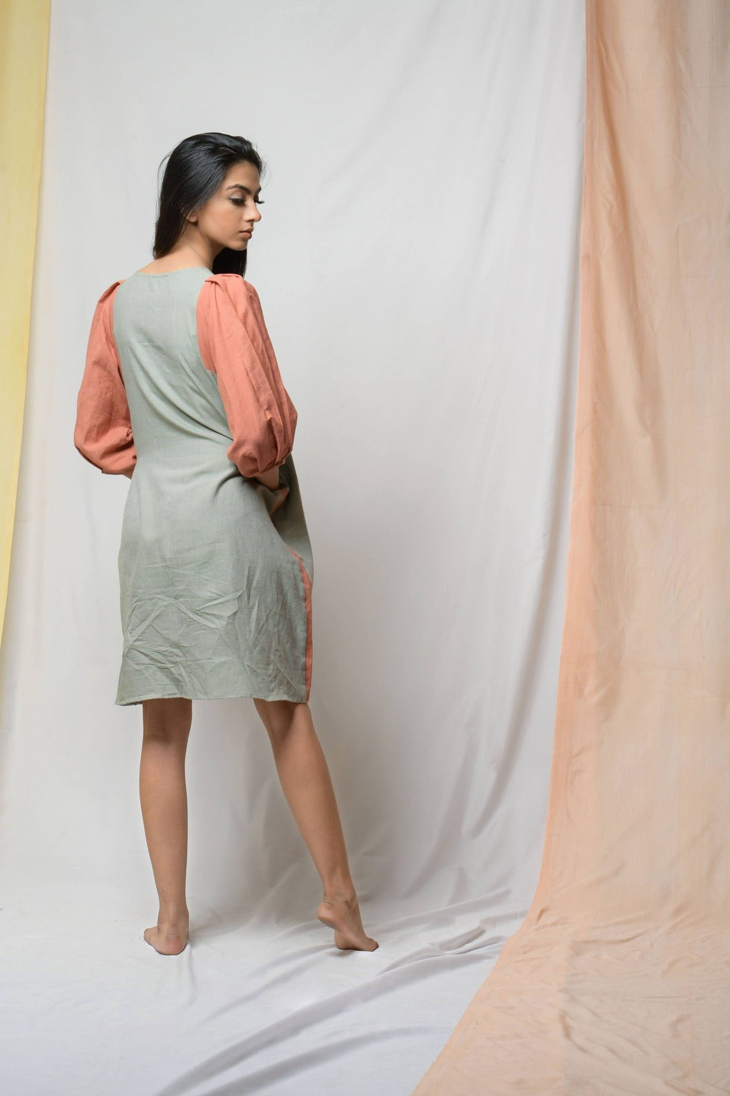 Grey Grace In Dignity Midi Dress by Niraa with Casual Wear, Cotton khadi, Grey, Midi Dresses, Natural with azo dyes, Relaxed Fit, Solids, Tales of rippling brooks, Womenswear at Kamakhyaa for sustainable fashion