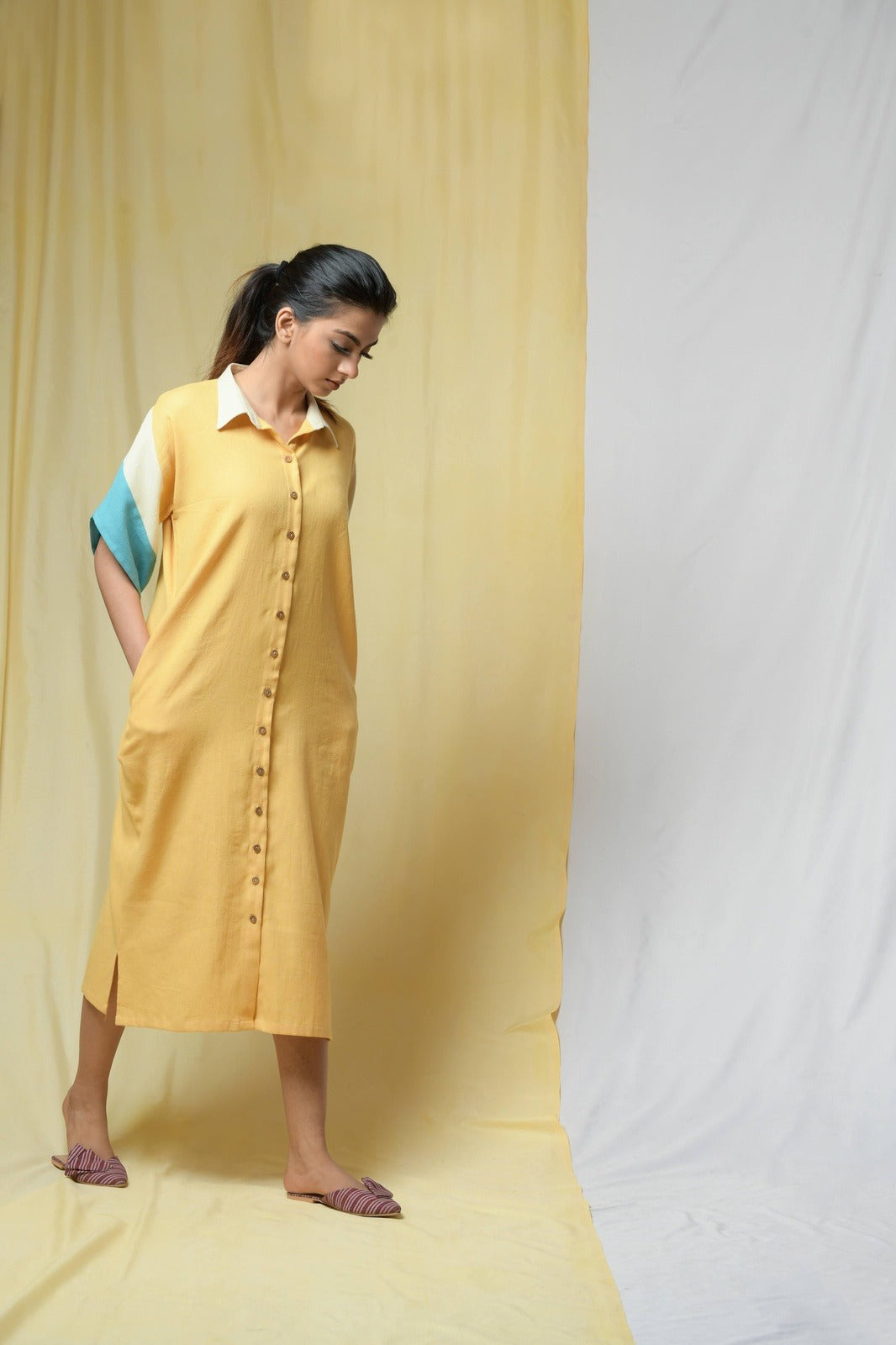 Yellow Beauty In Truth Shirt Dress by Niraa with Cotton khadi, Natural with azo dyes, Office Wear, Relaxed Fit, Shirt Dresses, Shirts, Solids, Tales of rippling brooks, Womenswear, Yellow at Kamakhyaa for sustainable fashion