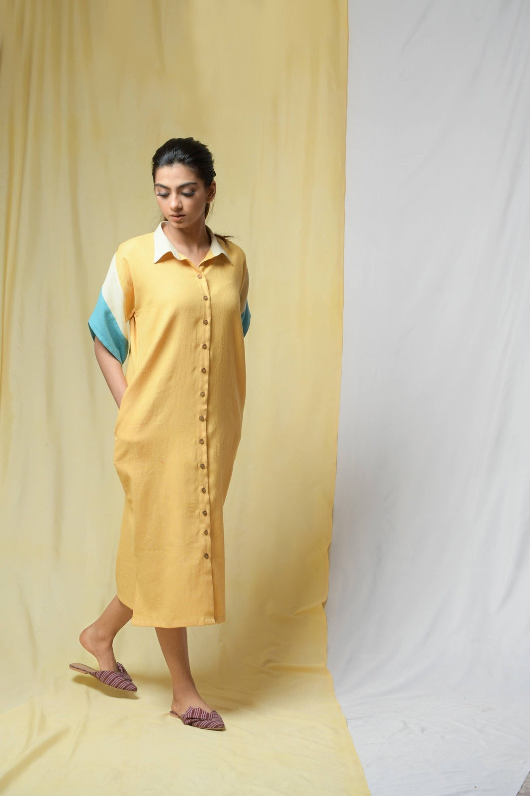Yellow Beauty In Truth Shirt Dress by Niraa with Cotton khadi, Natural with azo dyes, Office Wear, Relaxed Fit, Shirt Dresses, Shirts, Solids, Tales of rippling brooks, Womenswear, Yellow at Kamakhyaa for sustainable fashion
