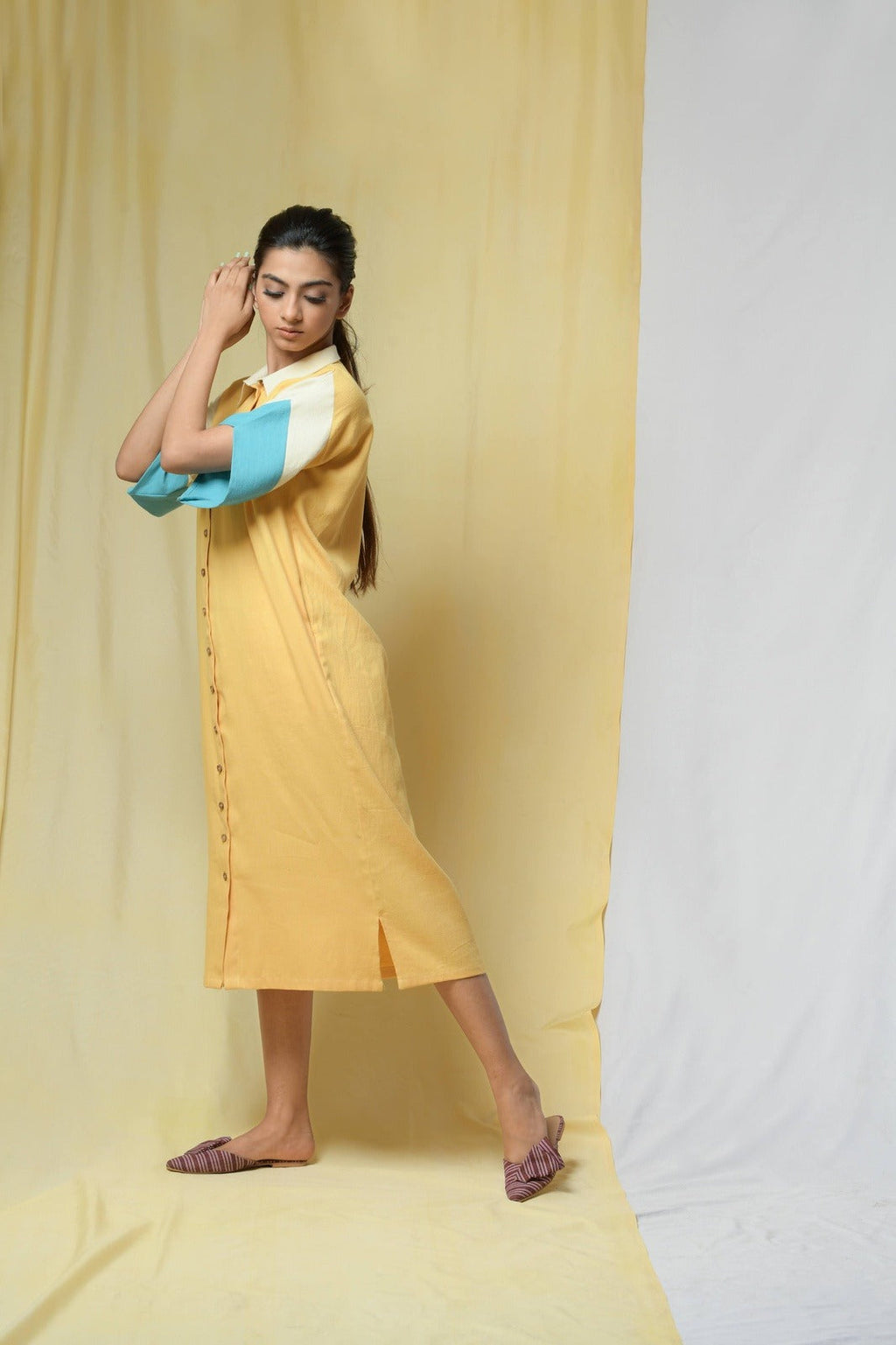 Yellow Beauty In Truth Shirt Dress by Niraa with Cotton khadi, Natural with azo dyes, Office Wear, Relaxed Fit, Shirt Dresses, Shirts, Solids, Tales of rippling brooks, Womenswear, Yellow at Kamakhyaa for sustainable fashion