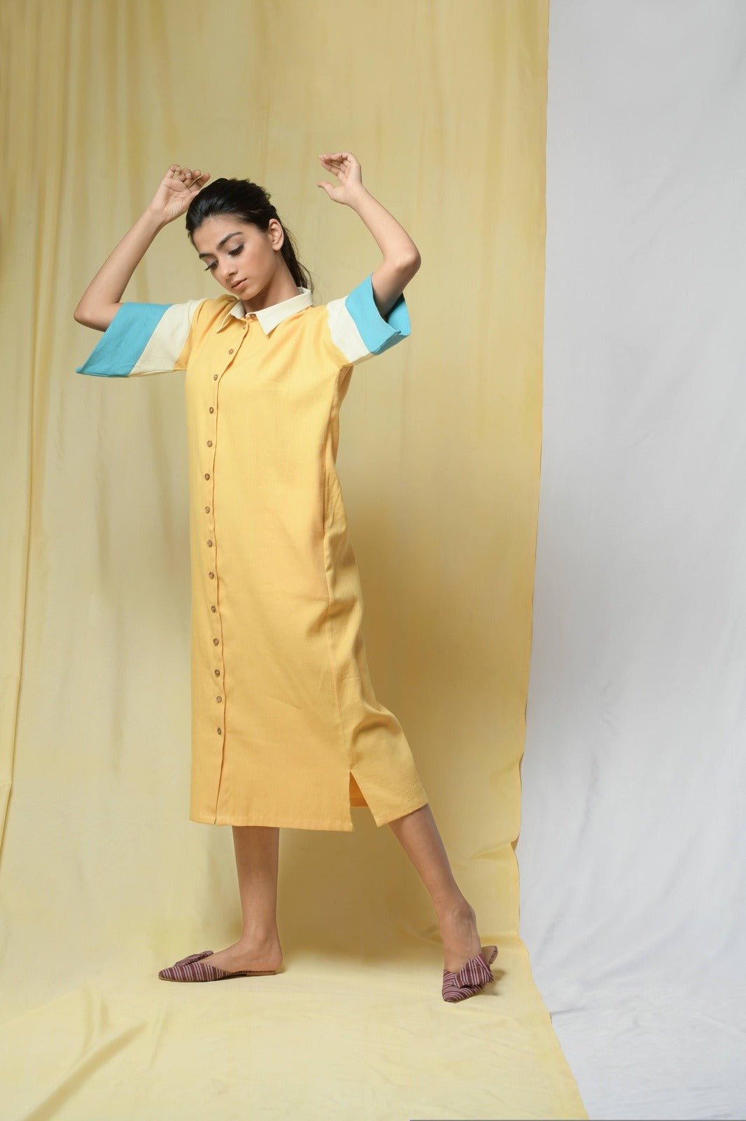 Yellow Beauty In Truth Shirt Dress by Niraa with Cotton khadi, Natural with azo dyes, Office Wear, Relaxed Fit, Shirt Dresses, Shirts, Solids, Tales of rippling brooks, Womenswear, Yellow at Kamakhyaa for sustainable fashion