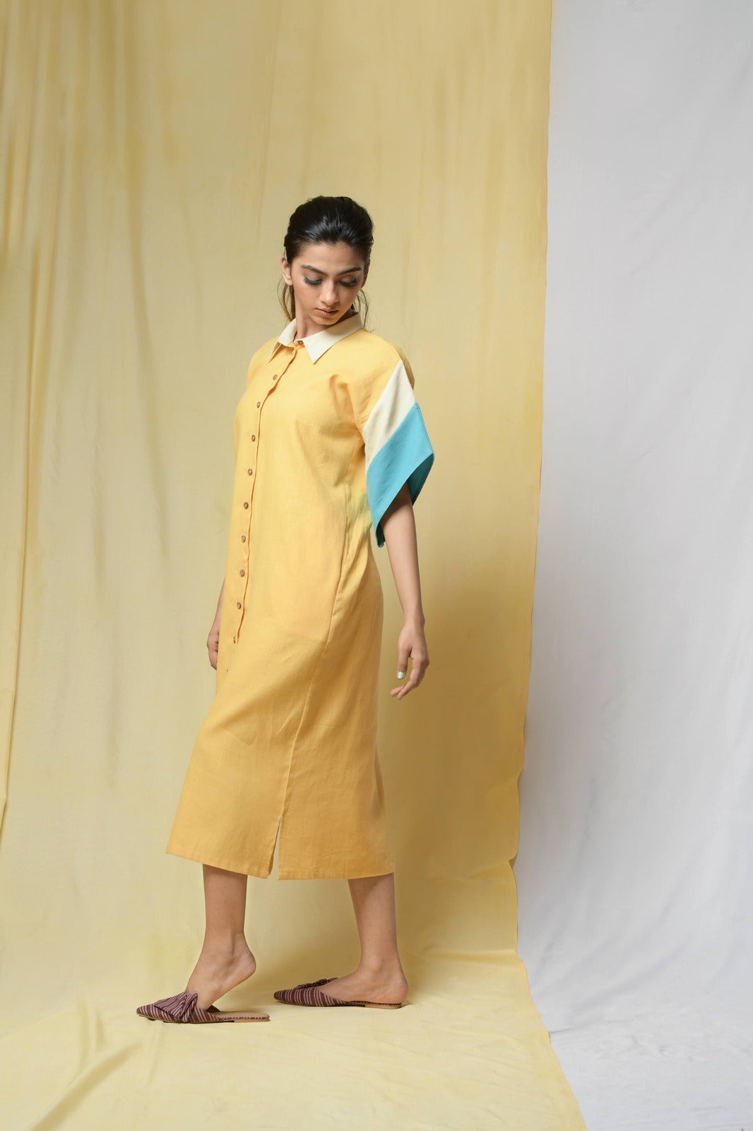 Yellow Beauty In Truth Shirt Dress by Niraa with Cotton khadi, Natural with azo dyes, Office Wear, Relaxed Fit, Shirt Dresses, Shirts, Solids, Tales of rippling brooks, Womenswear, Yellow at Kamakhyaa for sustainable fashion